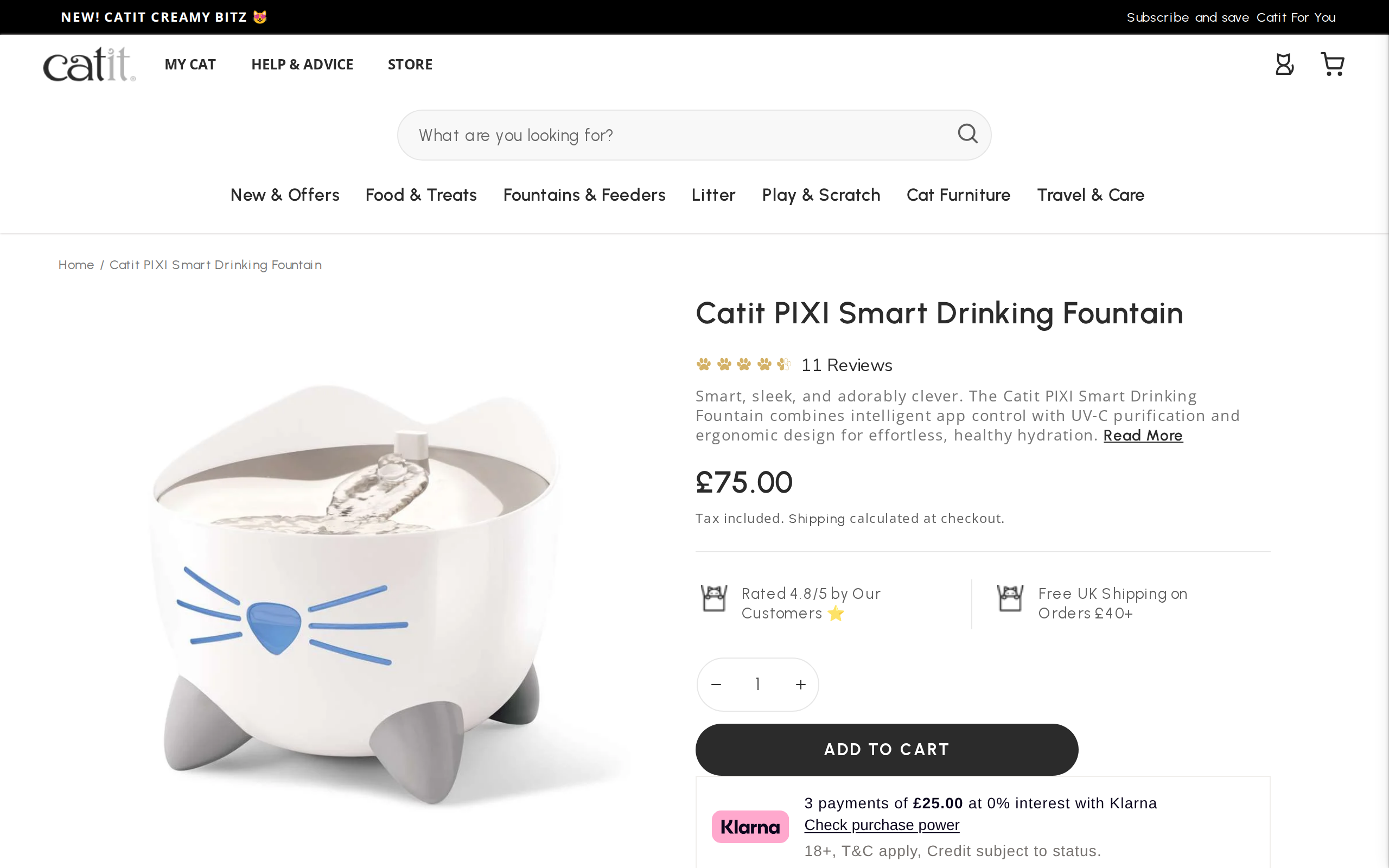 Catit UK page for the PIXI Smart Drinking Fountain priced at 75 pounds with a 4.8 out of 5 customer rating