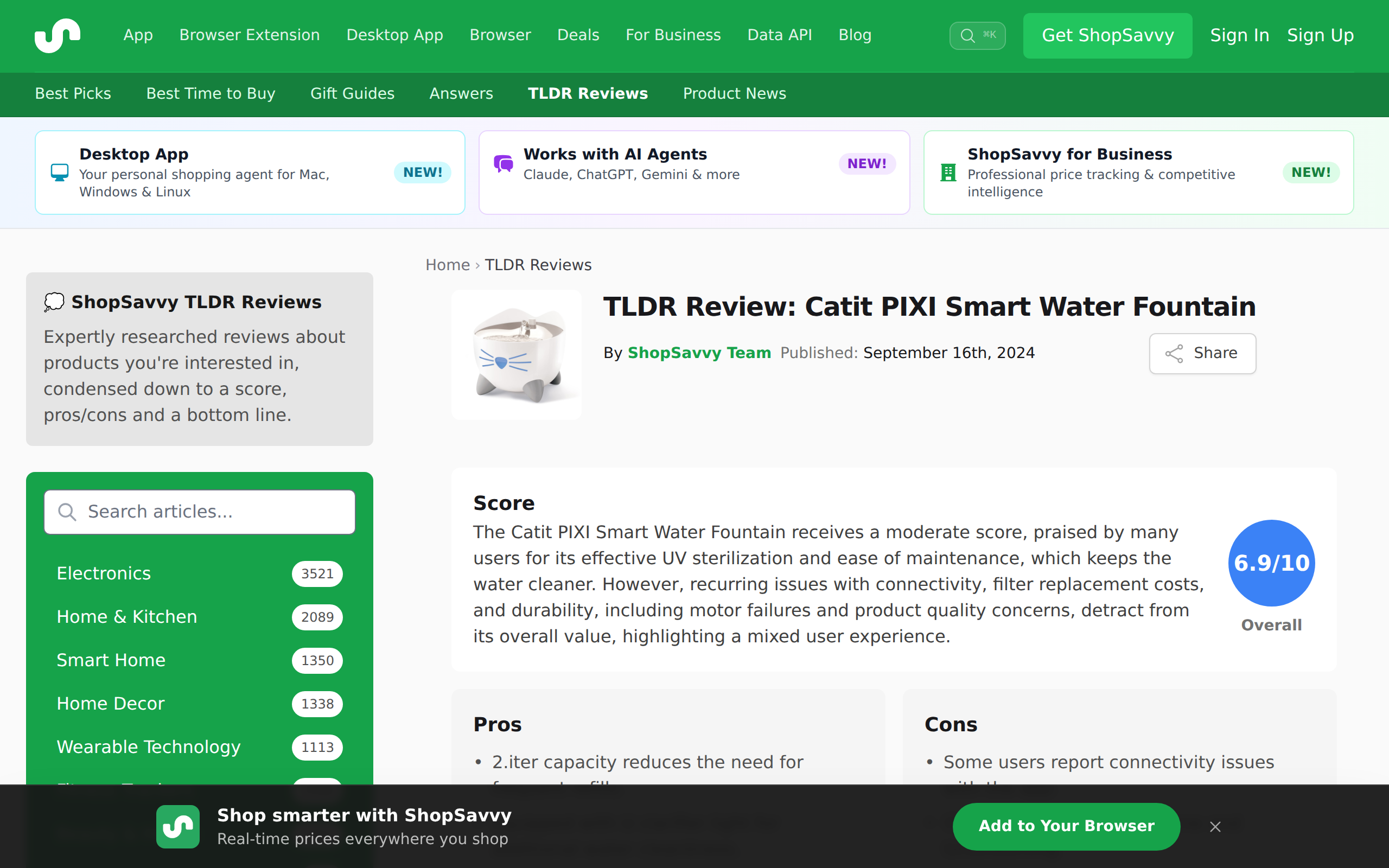 ShopSavvy's summary page for the Catit PIXI Smart Water Fountain showing a score and pros and cons