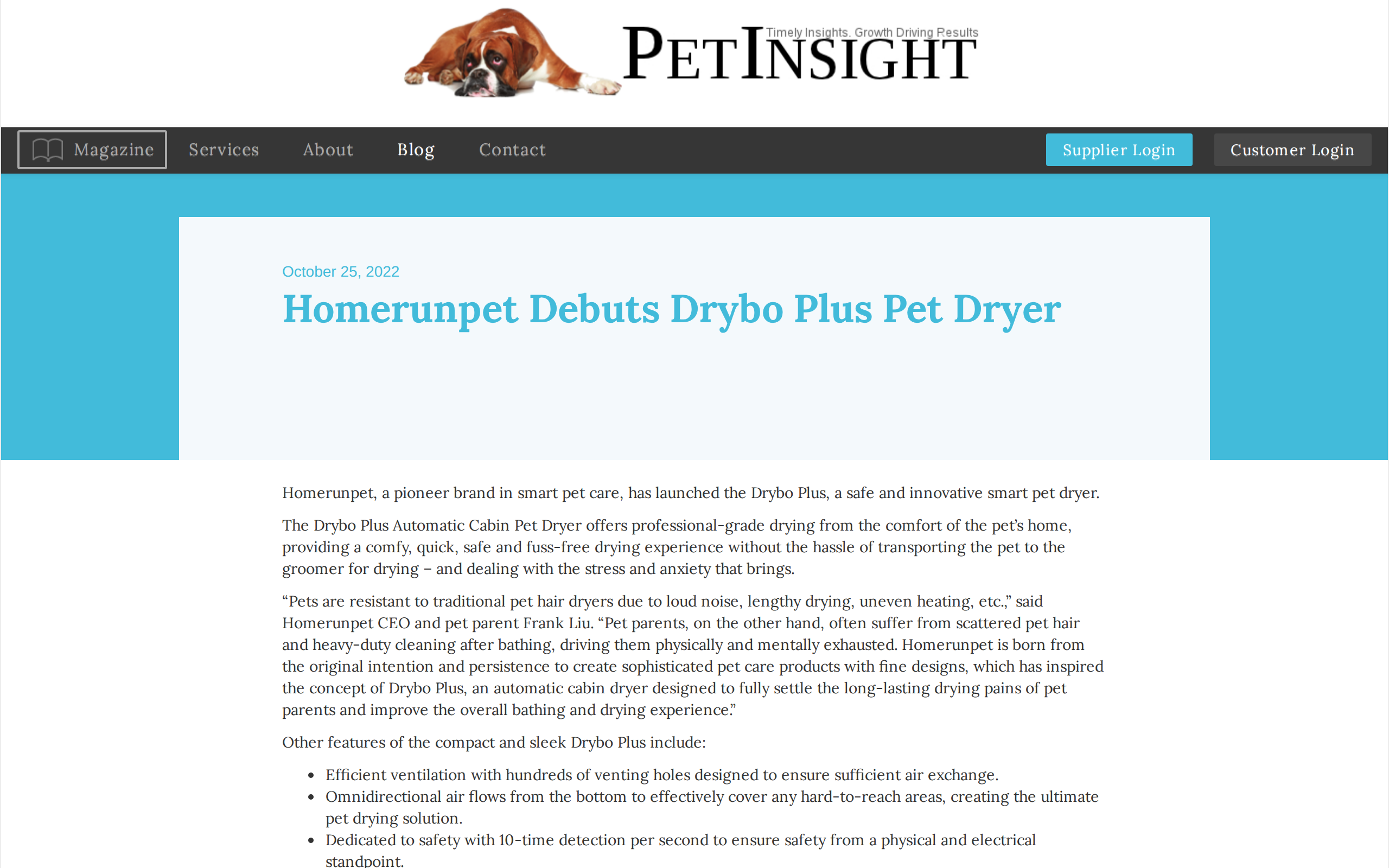 Pet Insight article headed Homerunpet Debuts Drybo Plus Pet Dryer, describing a safe smart pet dryer launch