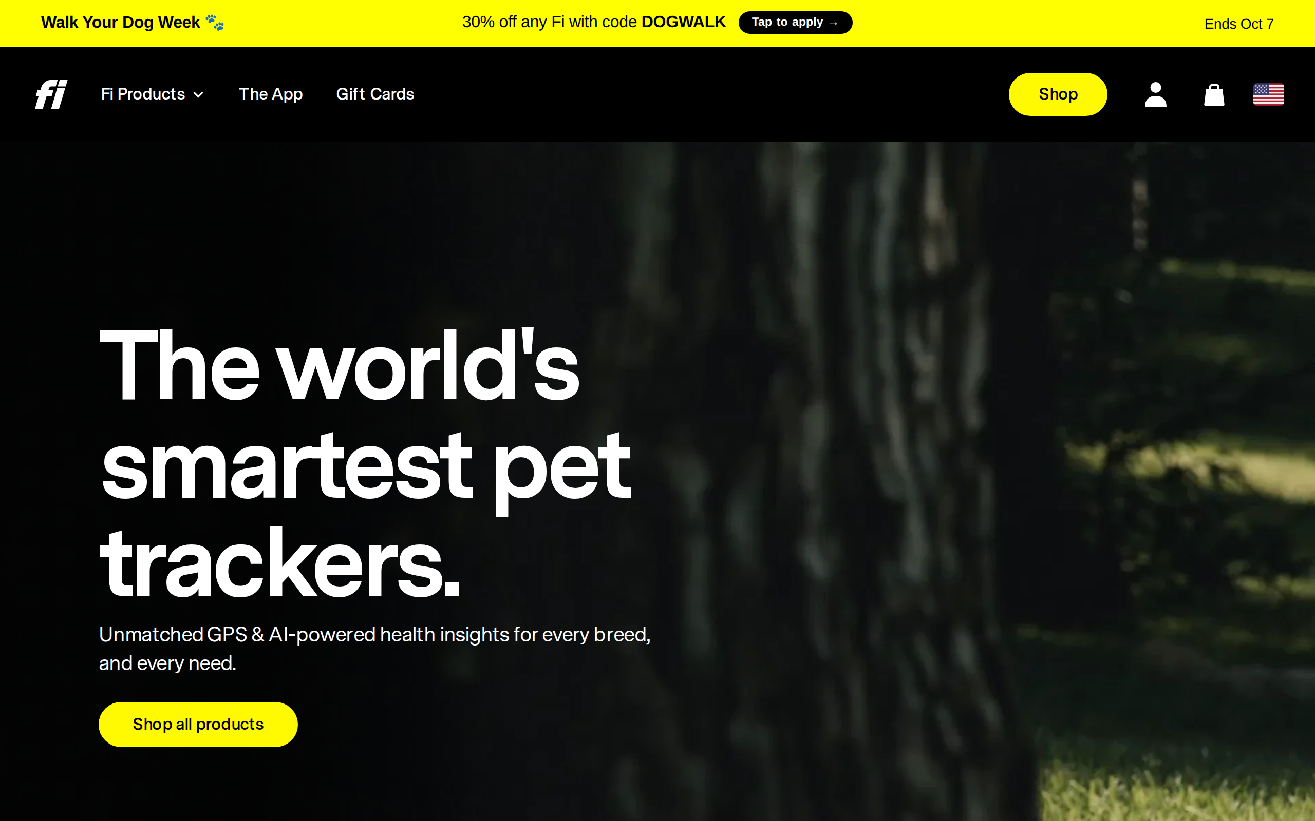 Fi homepage with the headline The world's smartest pet trackers