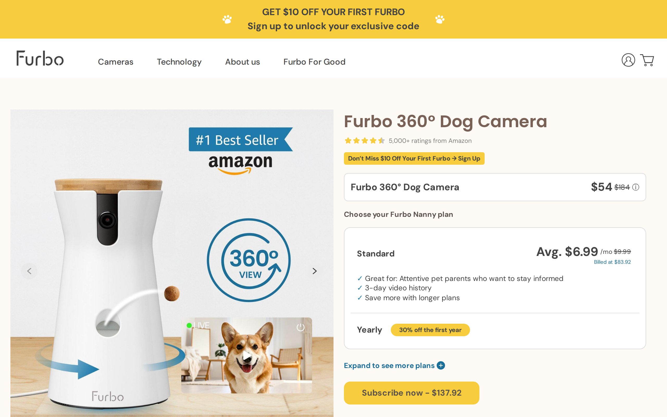 Furbo 360 Dog Camera product page showing a price of $54 against an original price of $184