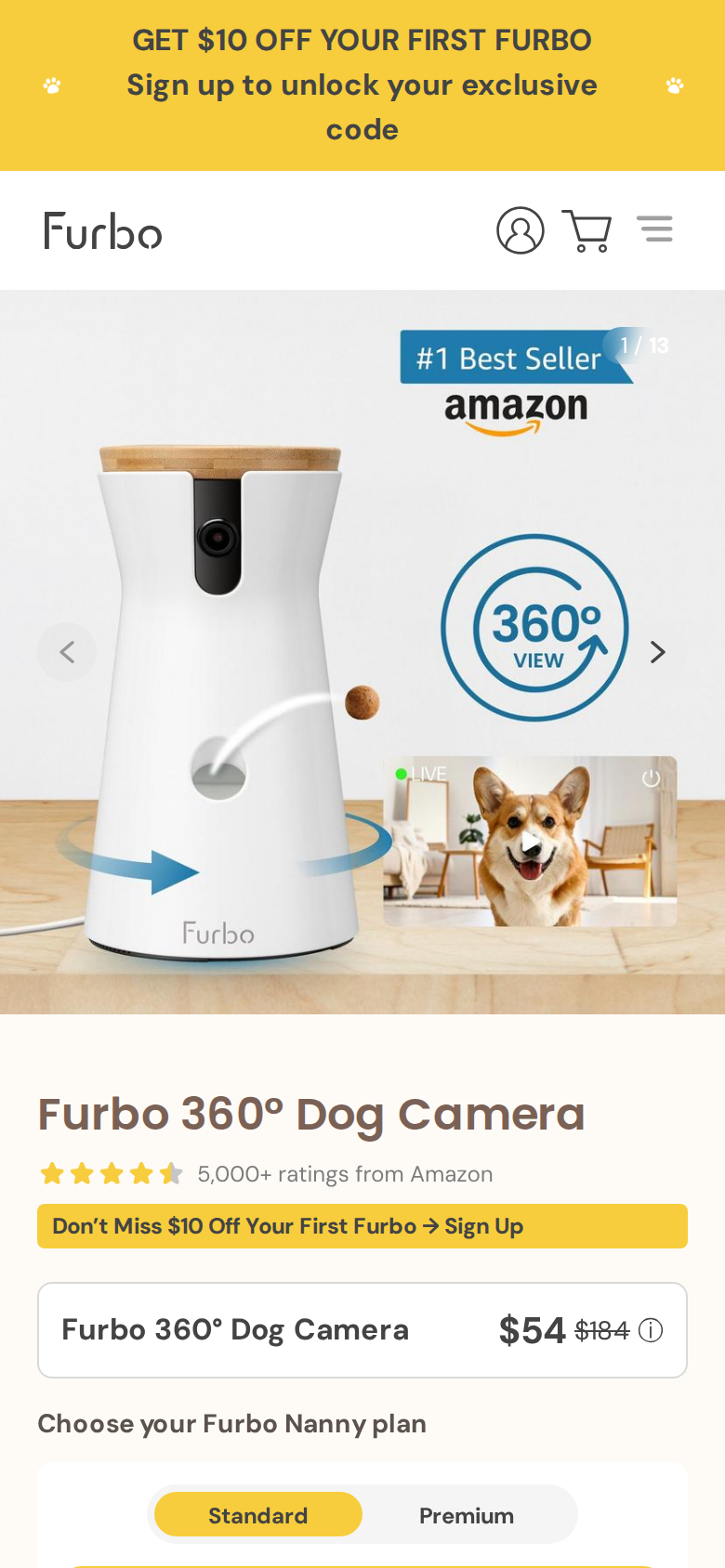 The Furbo 360 page on a phone, with its $54 and $184 prices