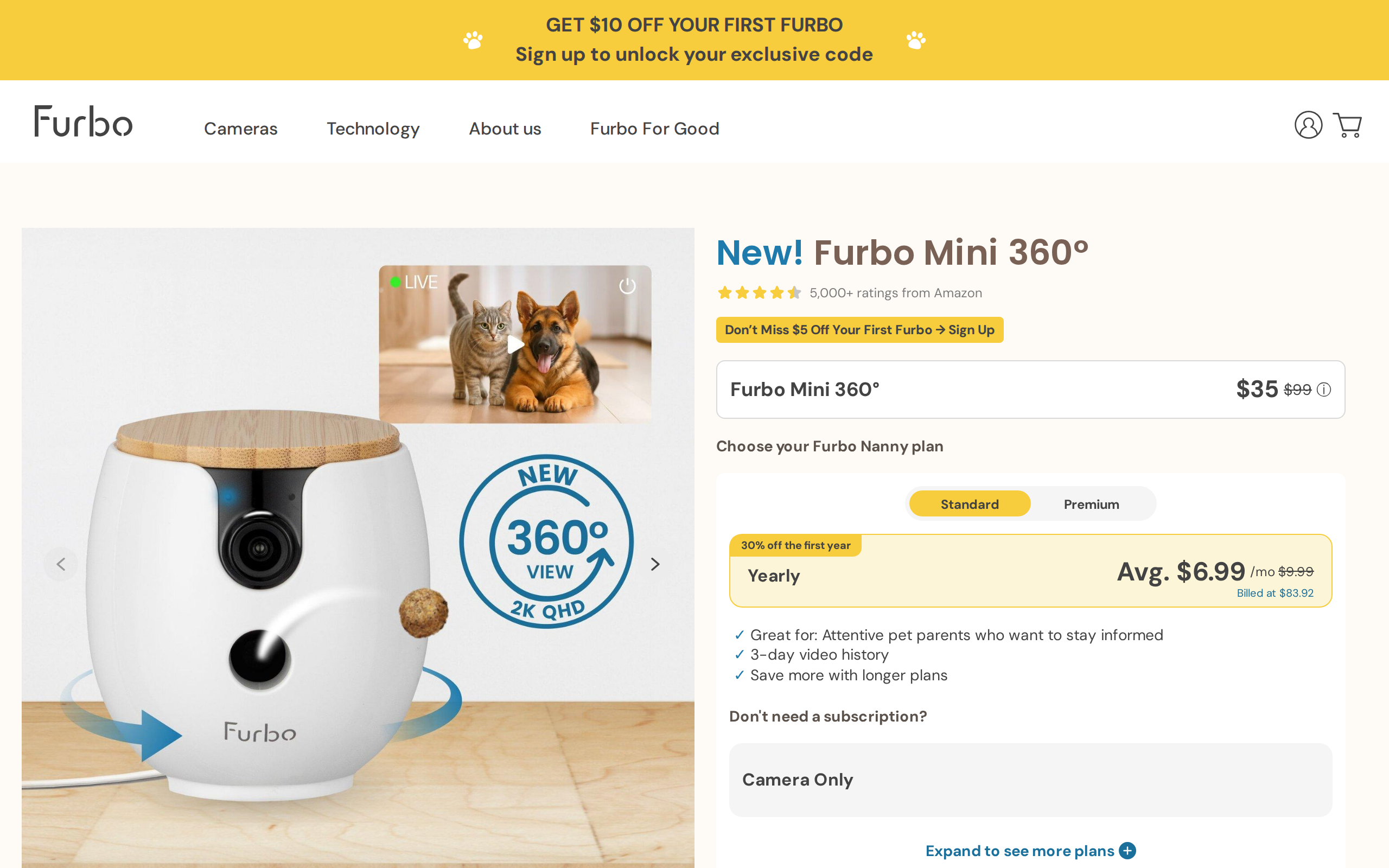 Furbo's Mini 360 product page showing the camera with the $35 bundle price and $99 original price