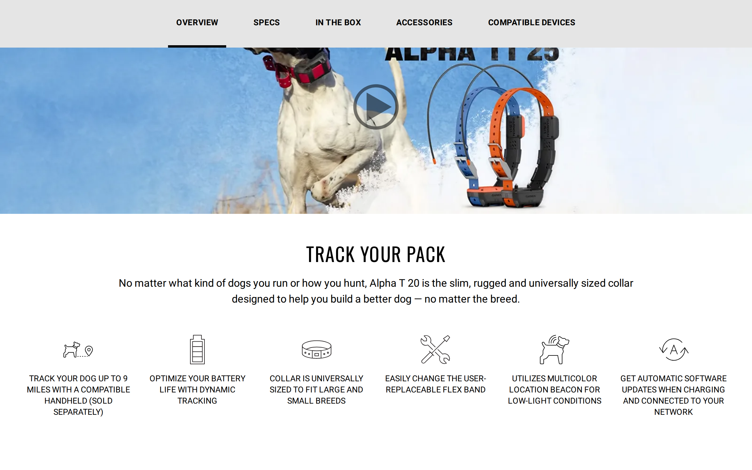 Garmin's Alpha T 20 product page under the heading Track Your Pack, with the up to 9 miles tracking claim