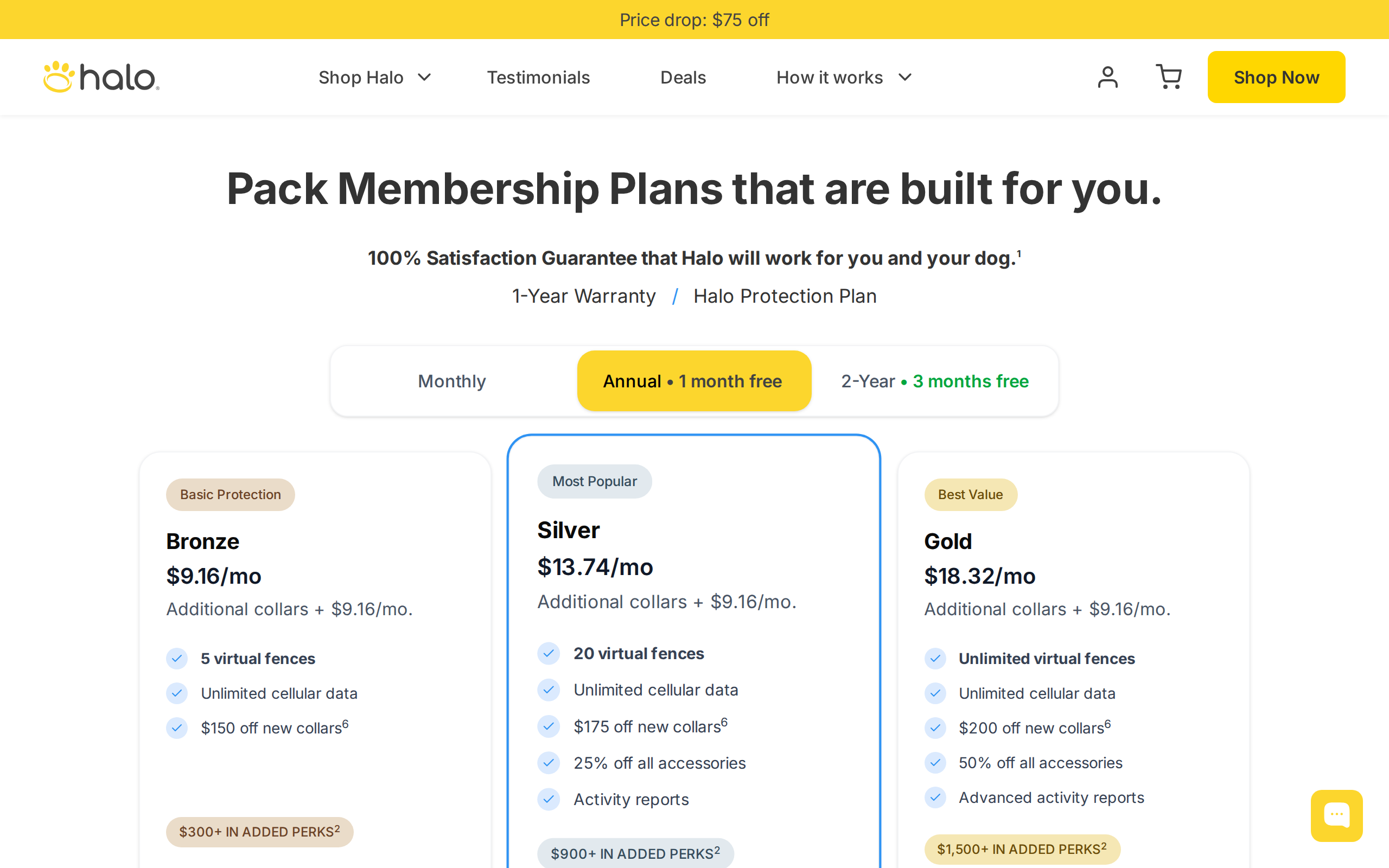 Halo plans page headed Pack Membership Plans built for you, with a monthly and 2-year price toggle
