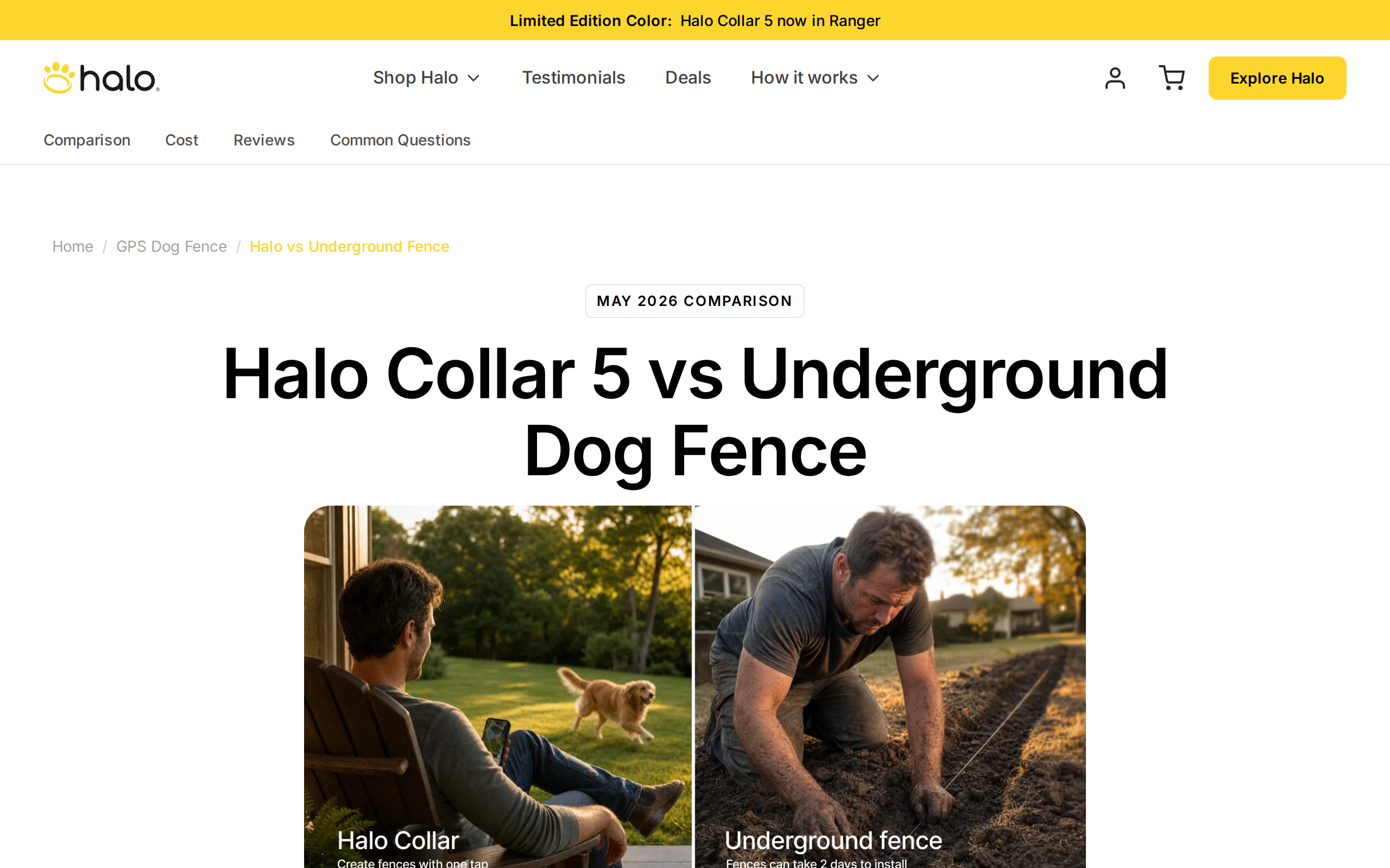 Halo comparison page of a GPS fence versus a traditional underground wire dog fence