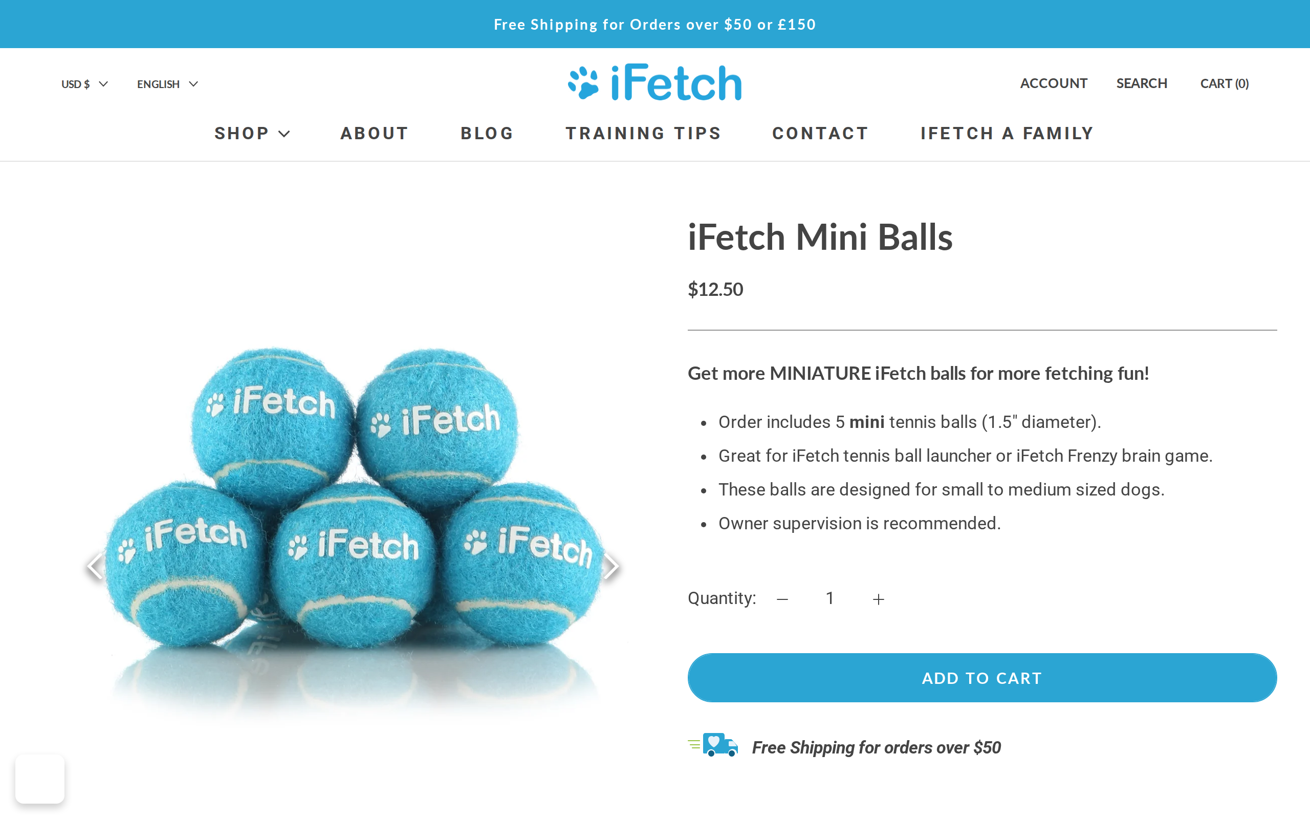 iFetch Mini Balls product page with the $12.50 price