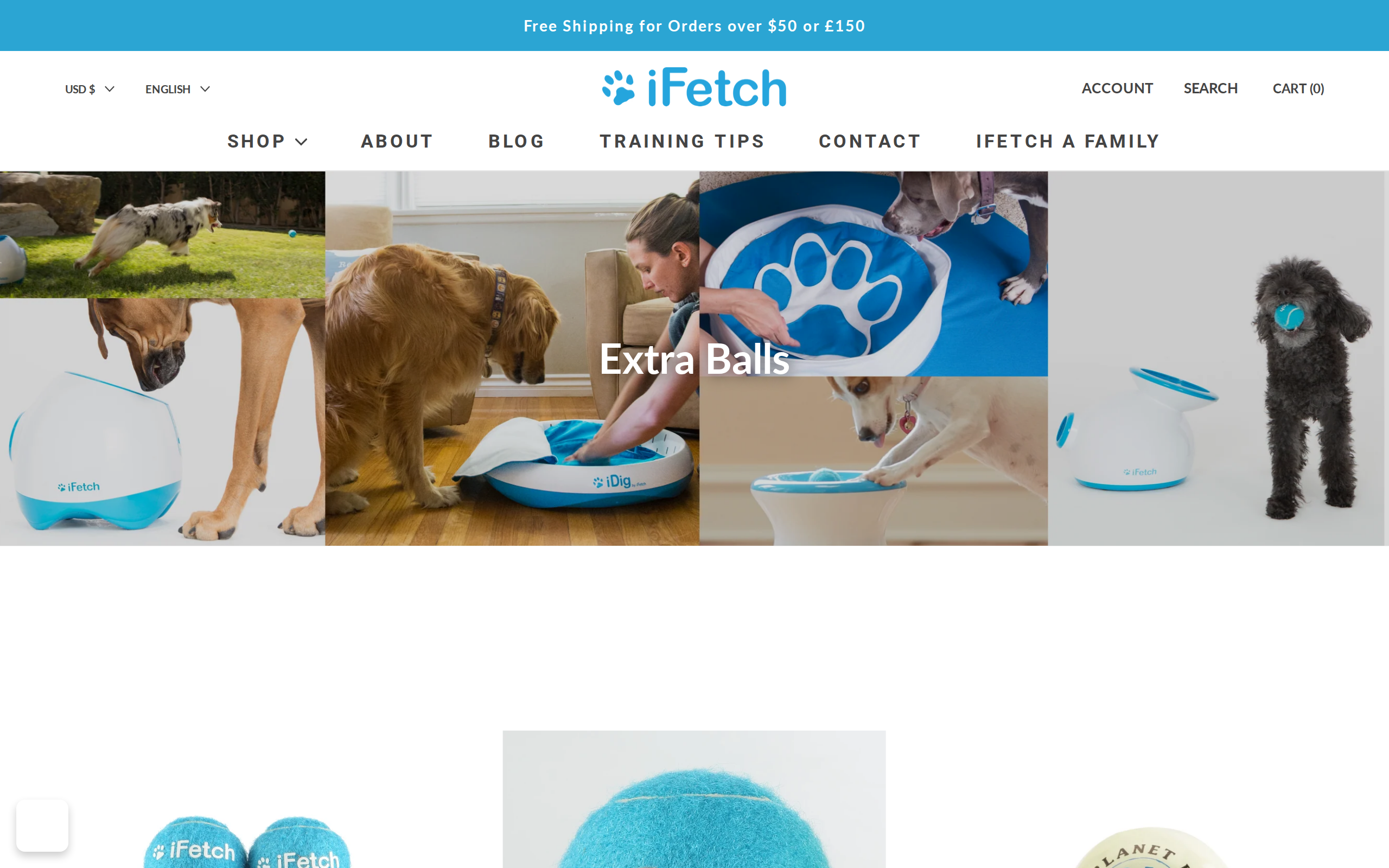 iFetch Extra Balls collection page listing Mini Balls, Standard Balls and a Planet Dog Glow Ball