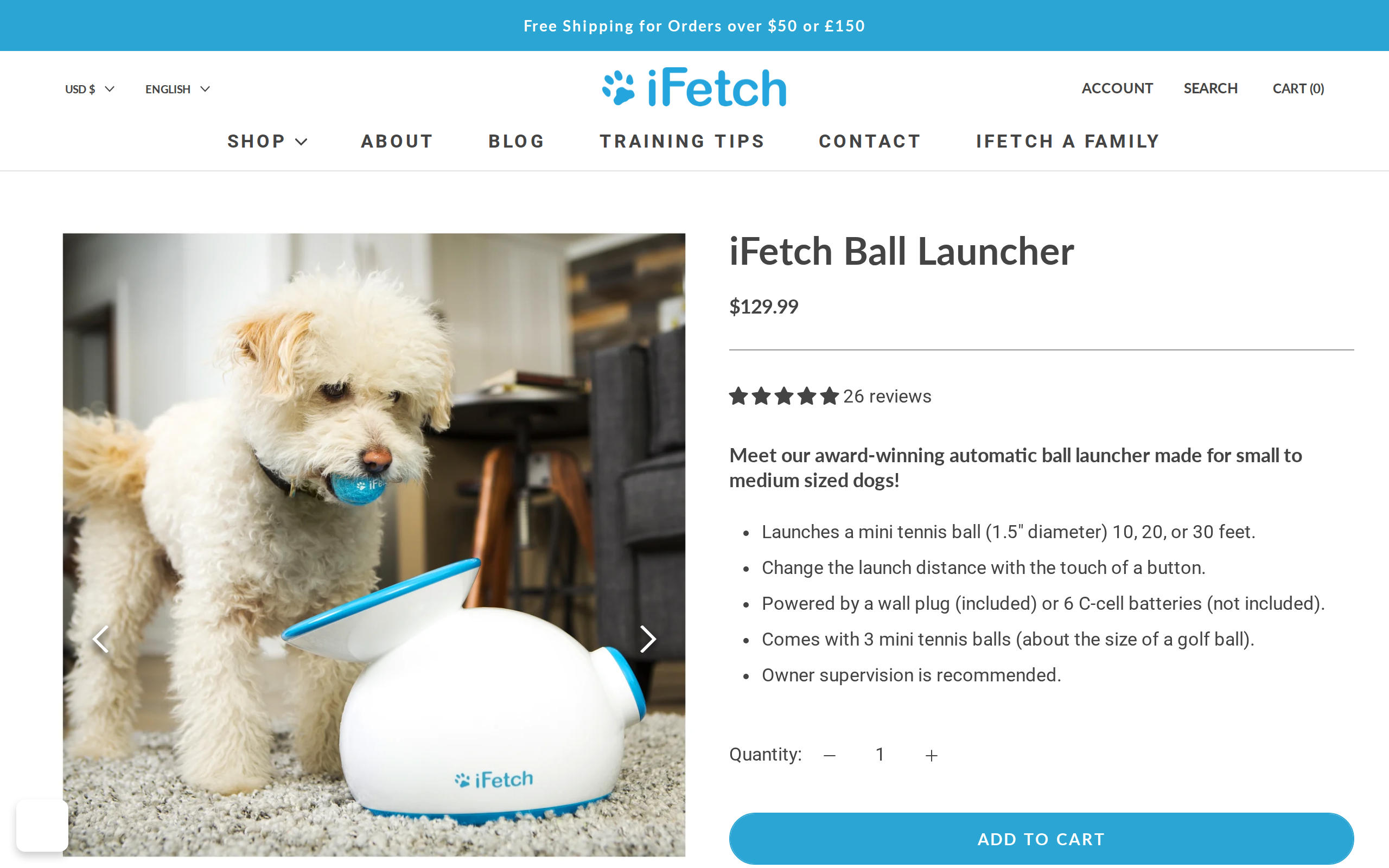 iFetch Ball Launcher product page showing the white launcher with the $129.99 price and the small to medium dog description
