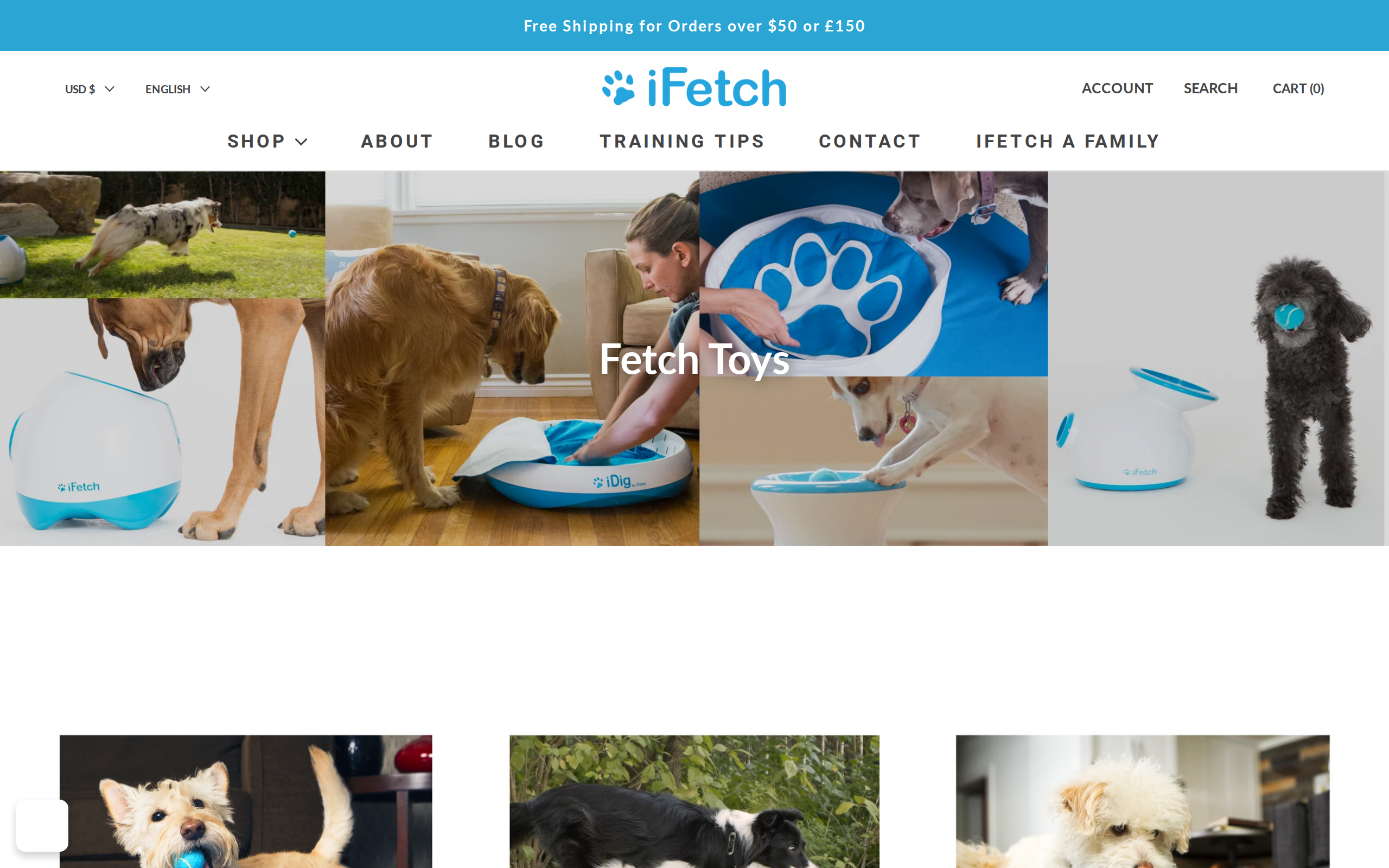 iFetch fetch toys collection page showing the Frenzy Brain Game, the iFetch Too and the original iFetch