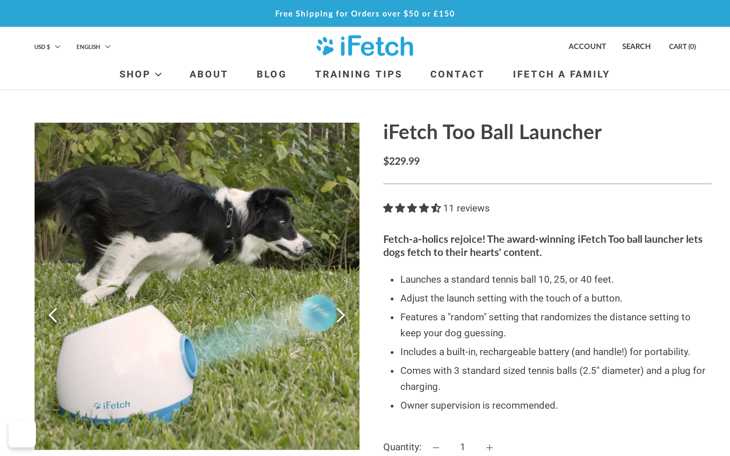 iFetch Too Ball Launcher product page with the launcher shown above the price