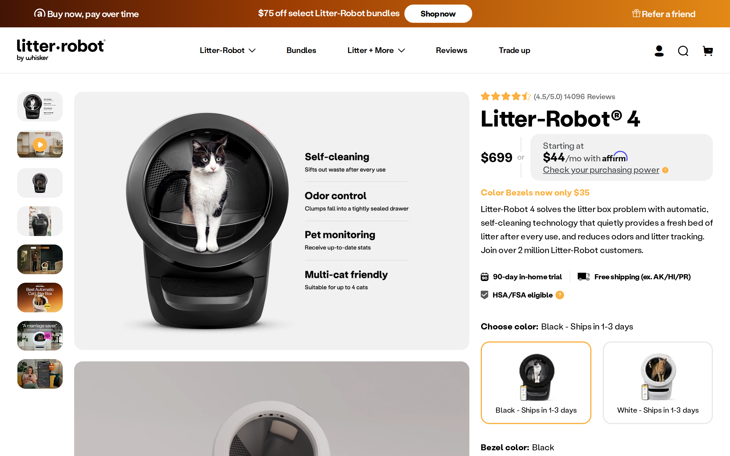Whisker's Litter-Robot 4 product page showing a black unit with the $699 price and $44 a month financing