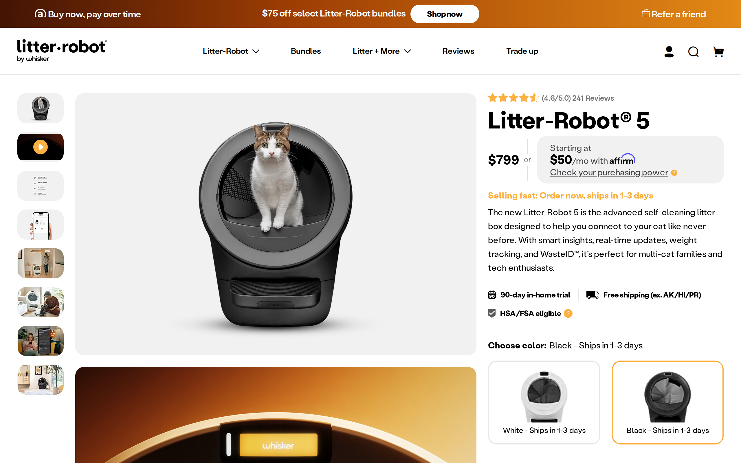 Whisker's Litter-Robot 5 page showing the $799 price and a financing offer