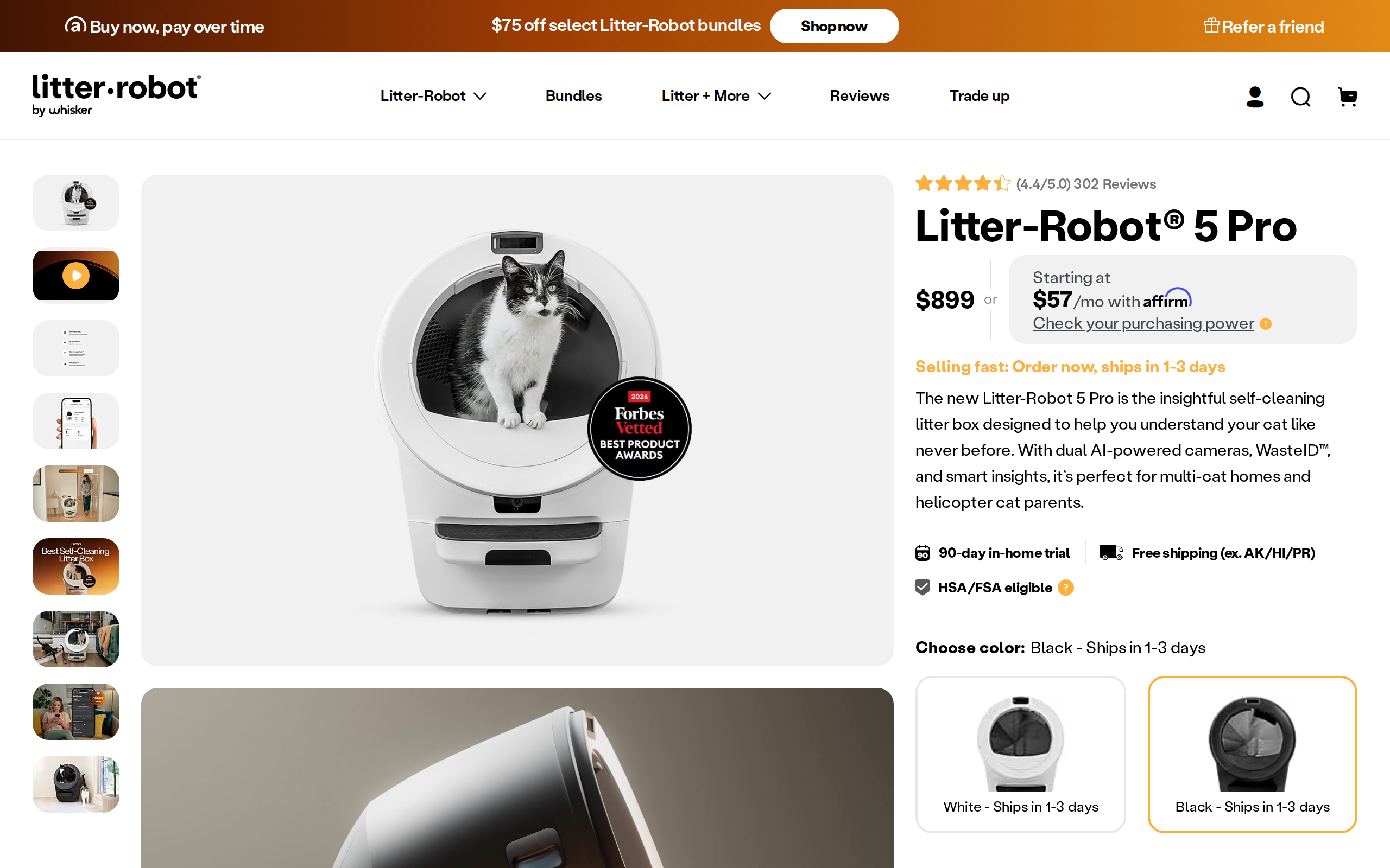 Litter-Robot 5 Pro product page on the Whisker site showing the $899 price and an award badge