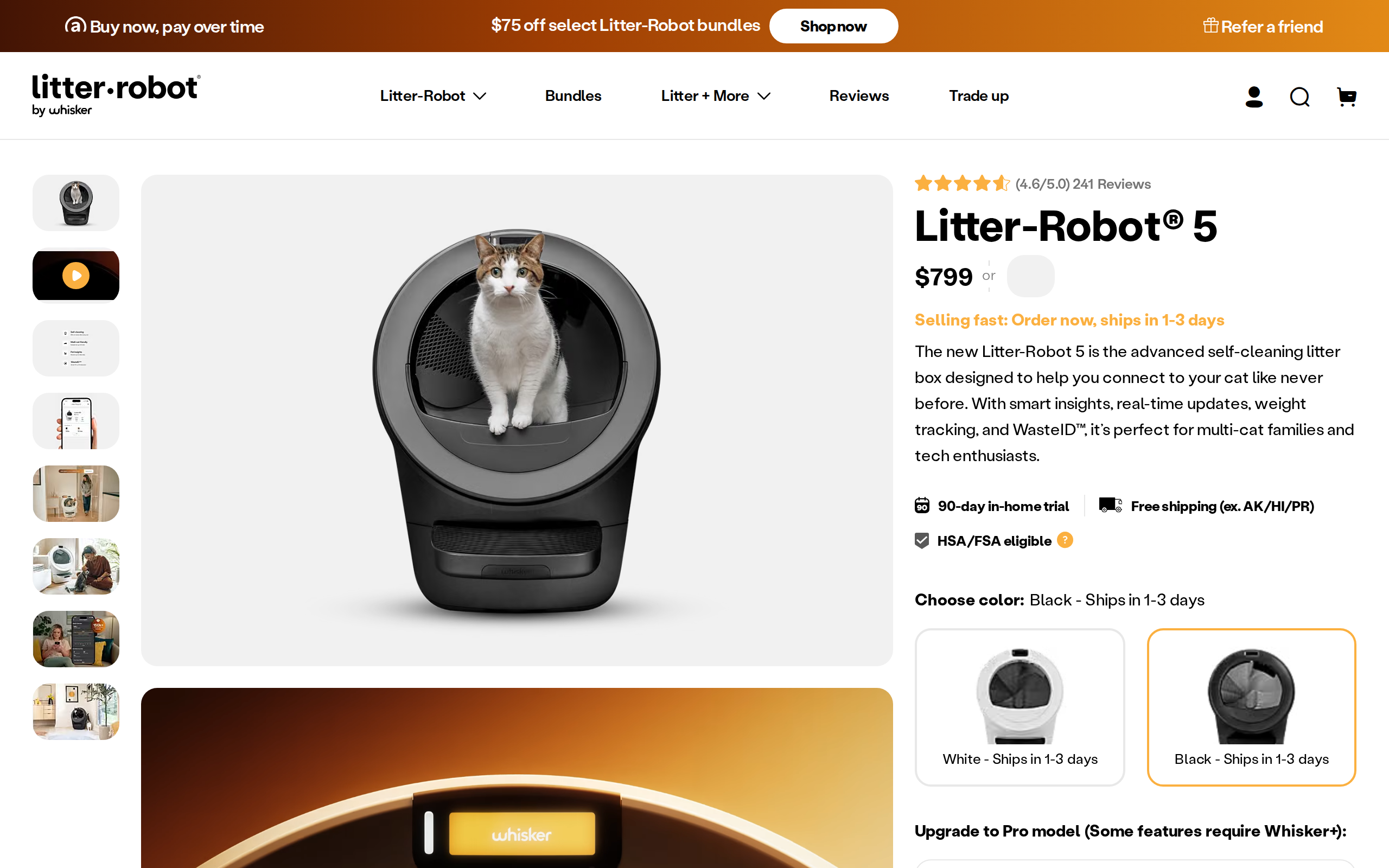 The Litter-Robot 5 product page at $799 with an upgrade prompt to the 5 Pro