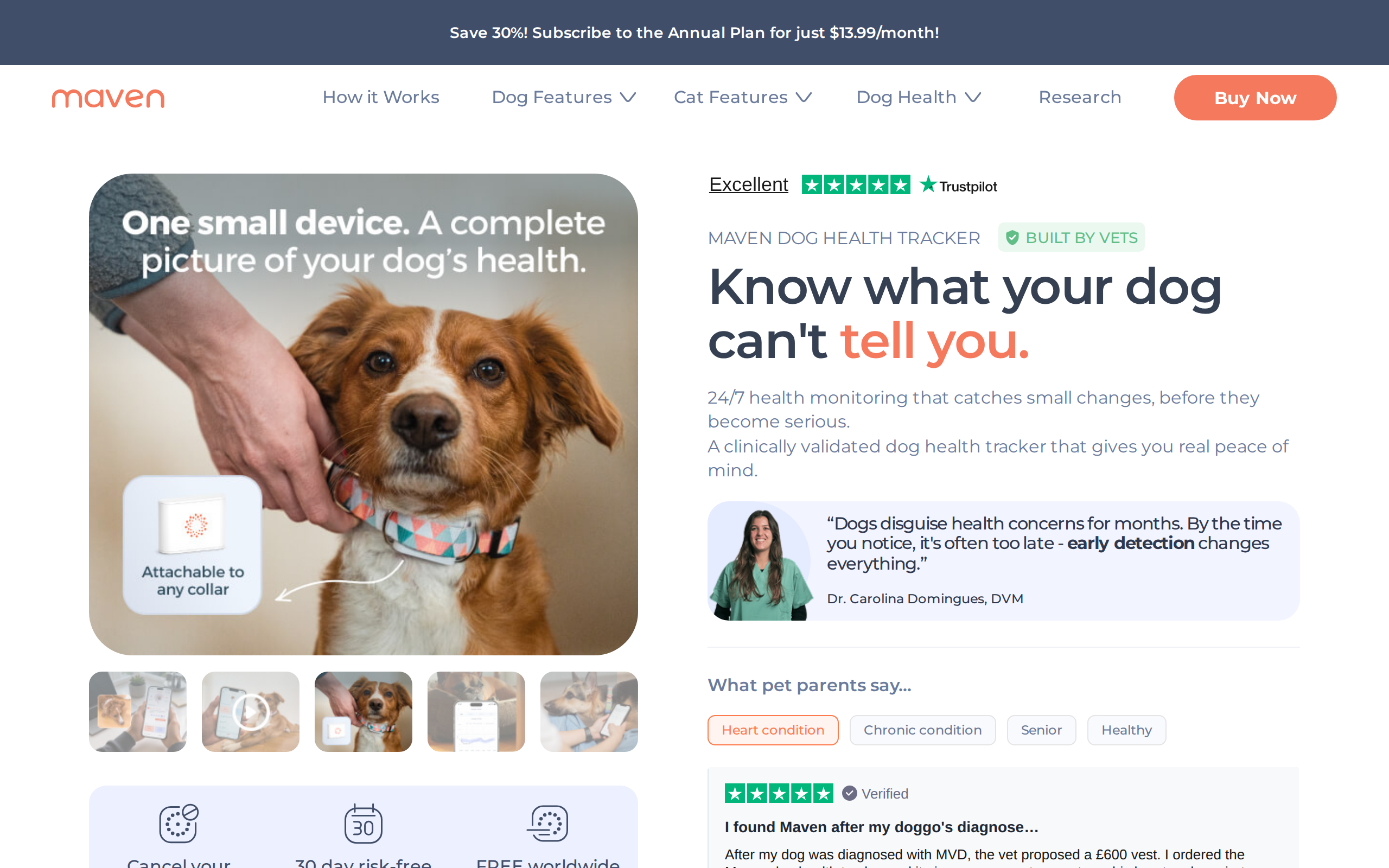 Maven's dog health tracker page, headed "Maven Dog Health Tracker", with a 30 day return policy and the $13.99 plan price
