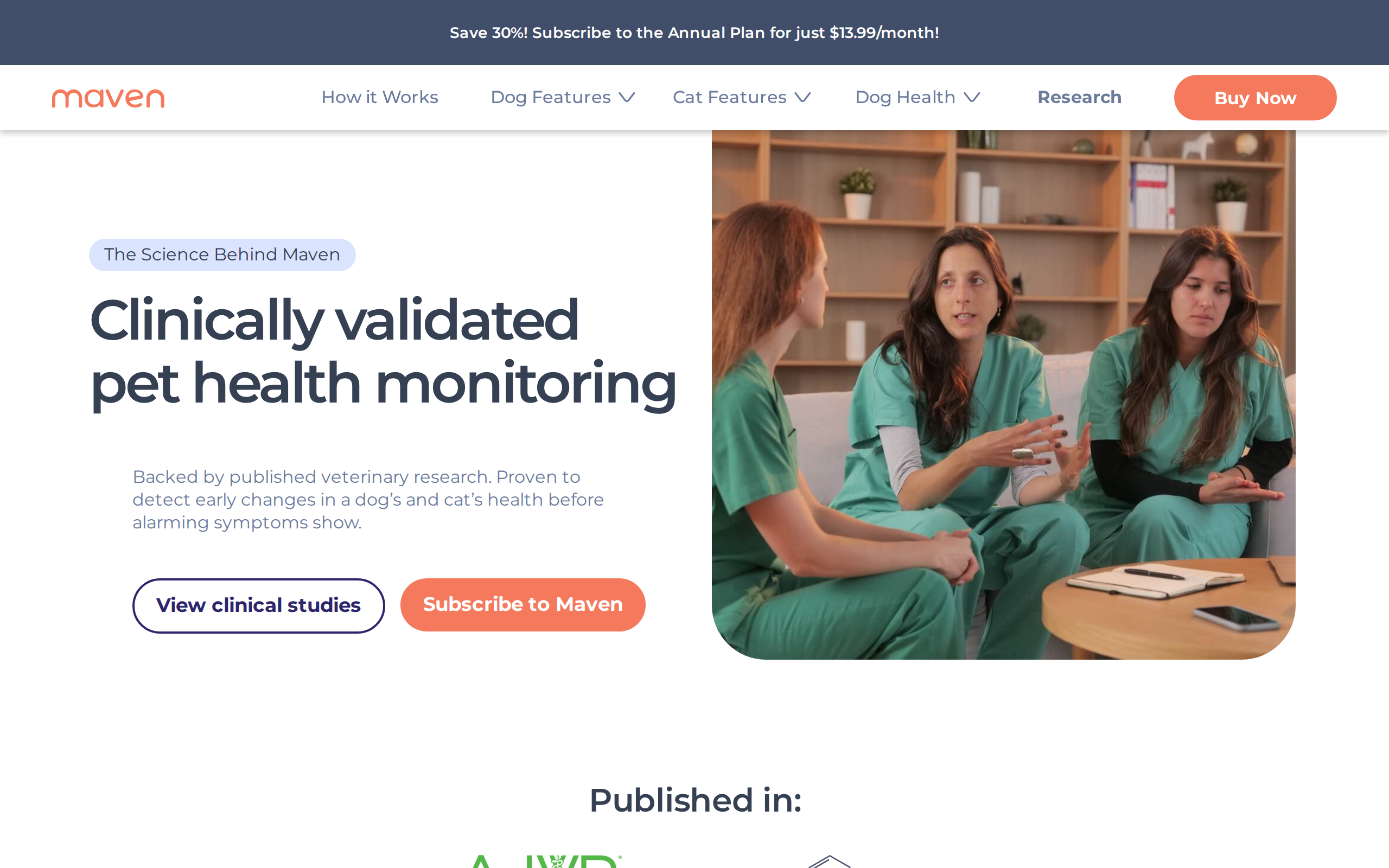 Maven's research page, headed "Clinically validated pet health monitoring"