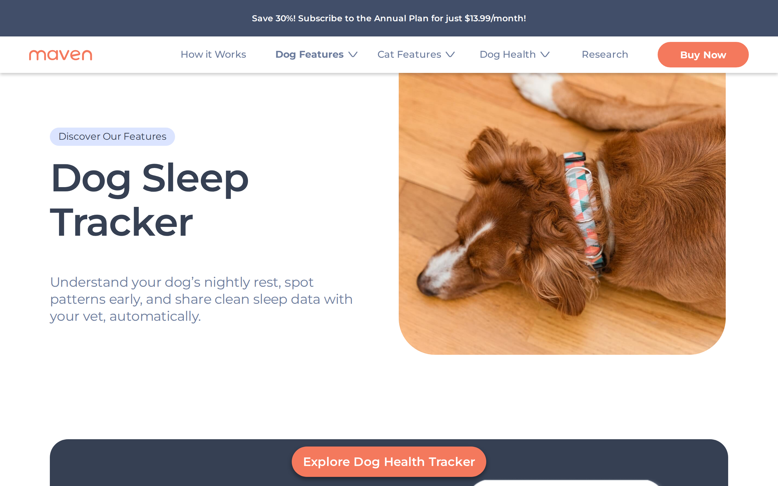 Maven's dog sleep tracker page, promising restless night alerts and clean sleep data for your vet