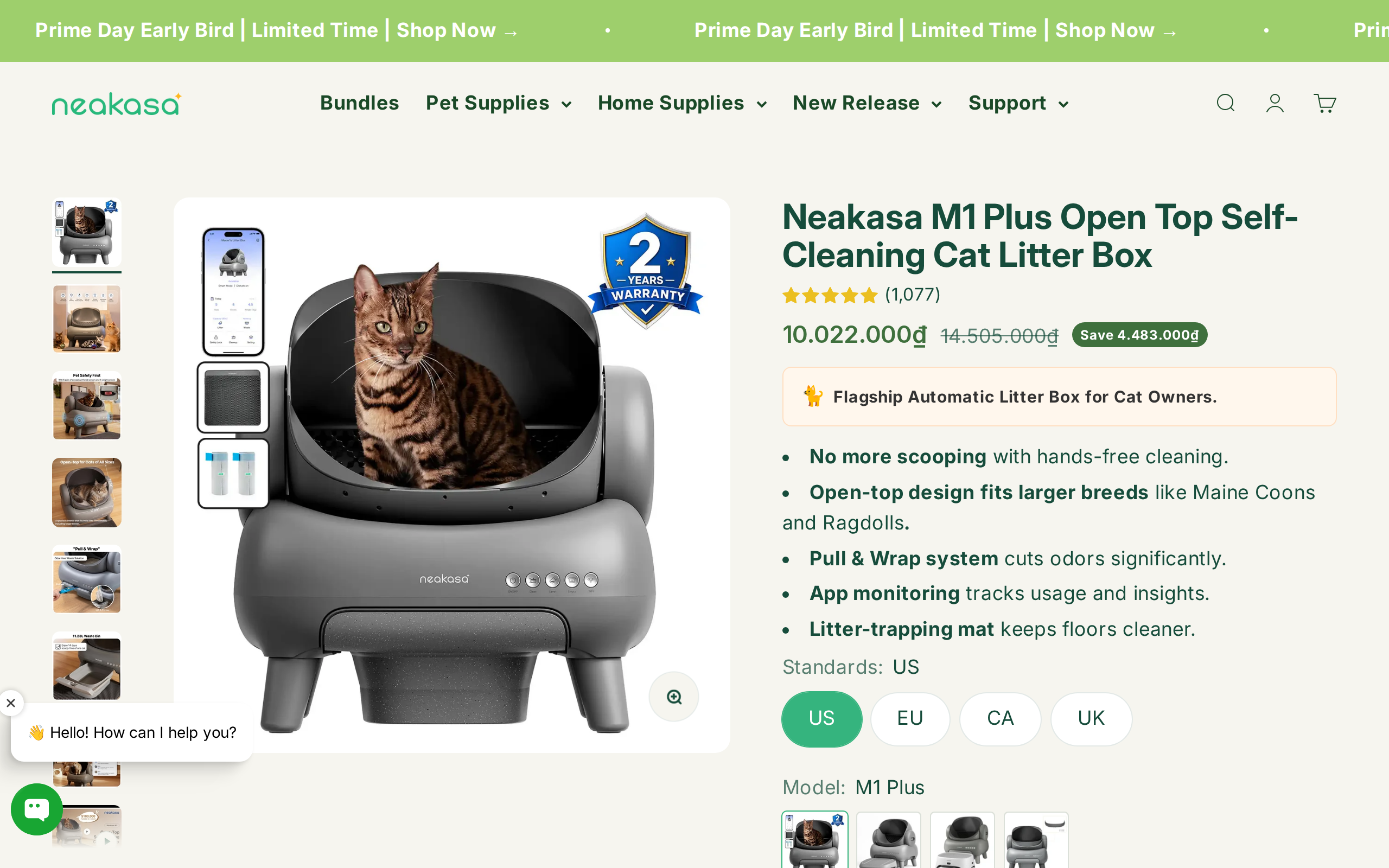 Neakasa's M1 Plus product page with the open-top litter box photos and the hands-free cleaning headline
