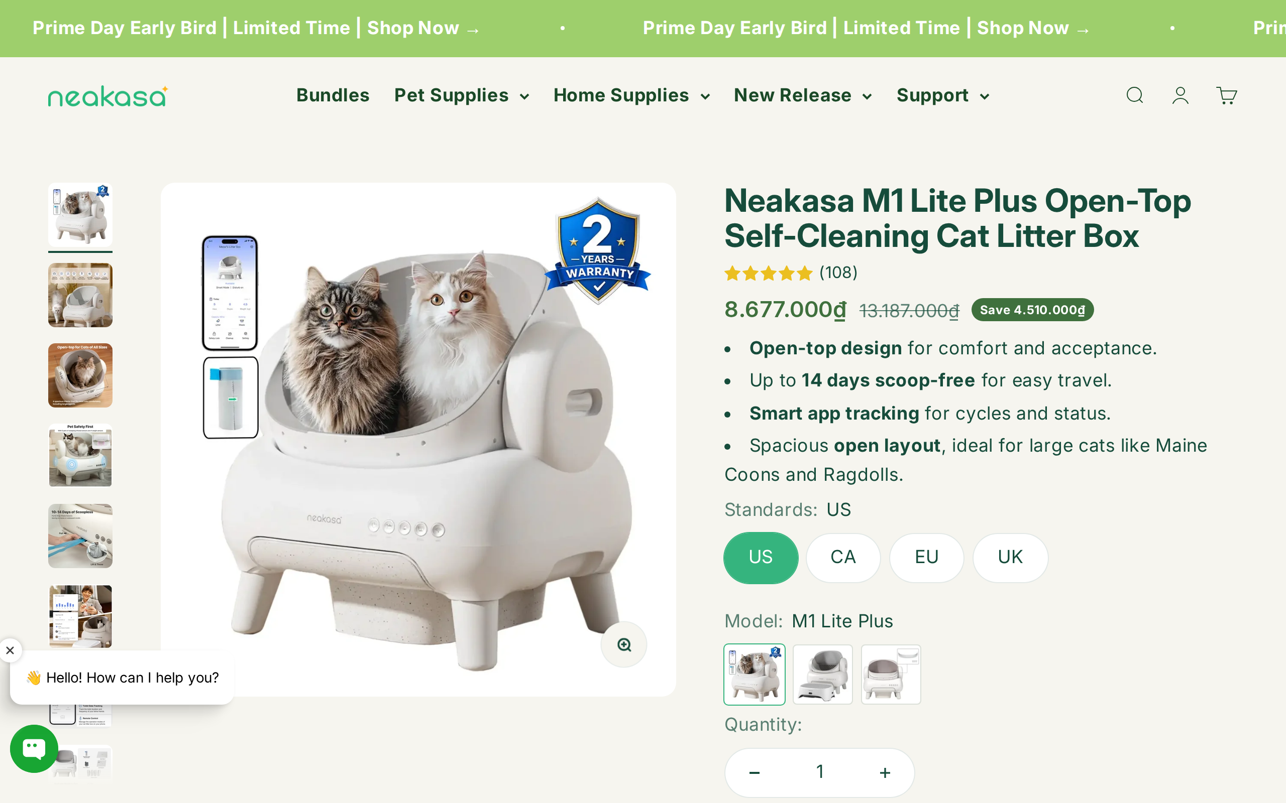 Neakasa's M1 Lite Plus page, with the open-top design and a promise of up to 14 days scoop-free