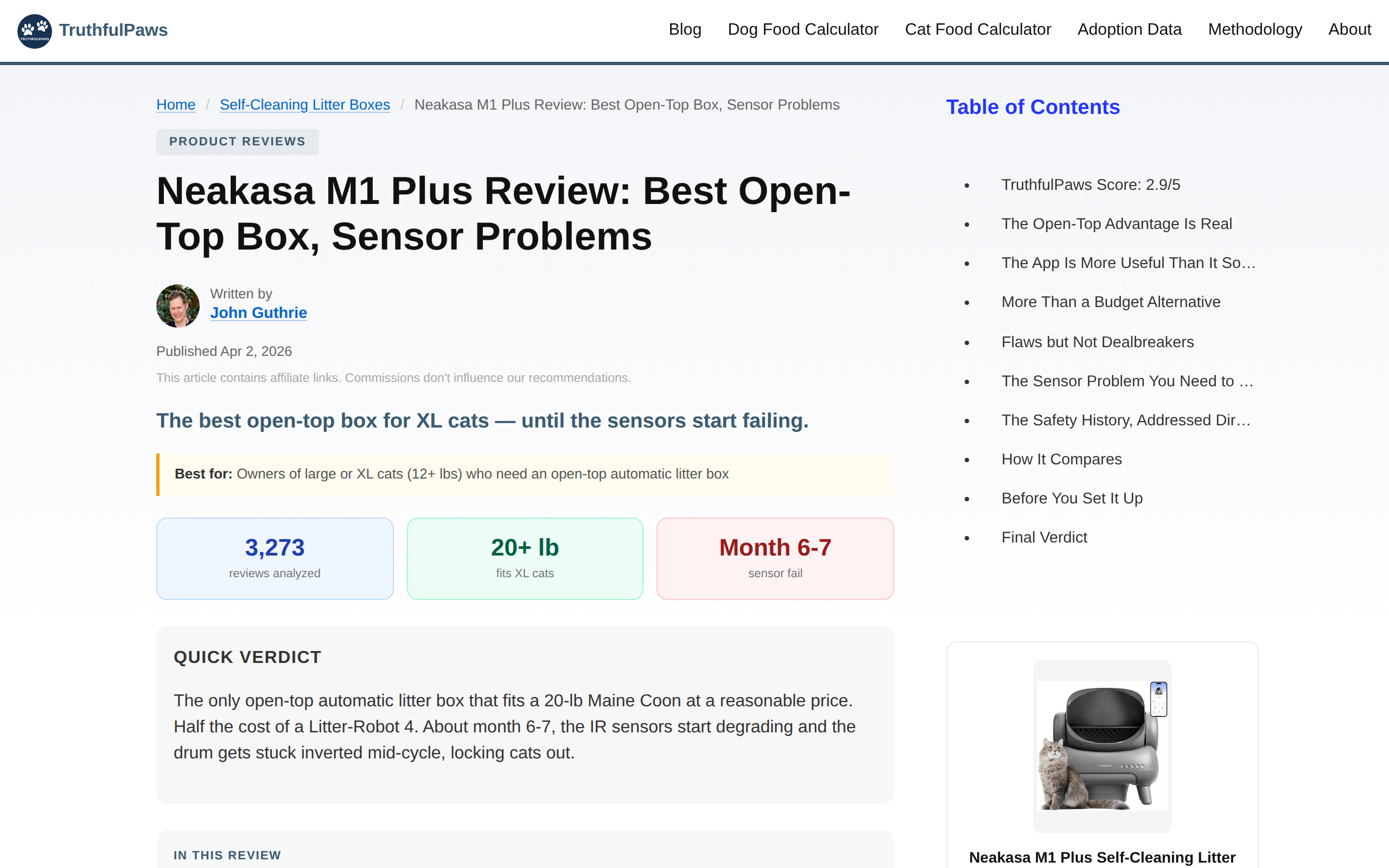 TruthfulPaws's M1 Plus review page, headed Best Open-Top Box, Sensor Problems
