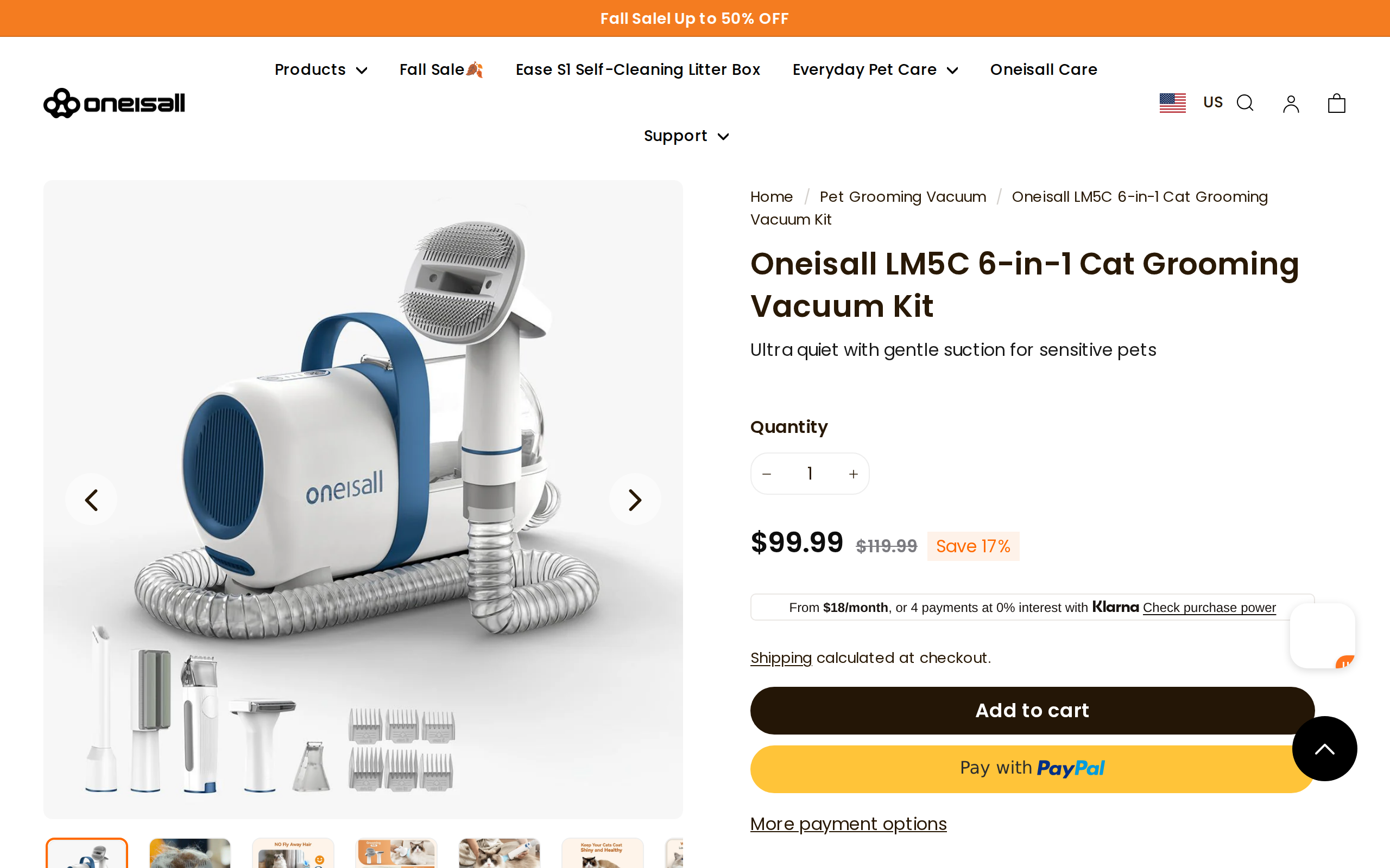 Oneisall page for the LM5C 6-in-1 Cat Grooming Vacuum Kit with a free shipping banner