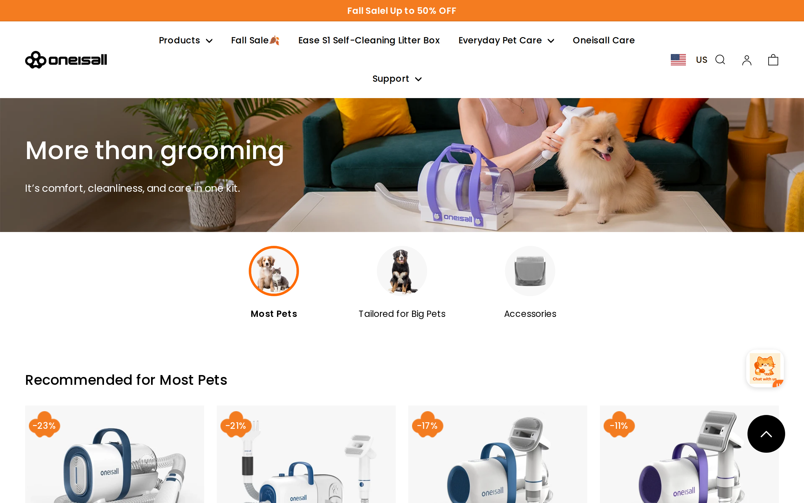 Oneisall's collection page listing the other grooming vacuum kits in the range