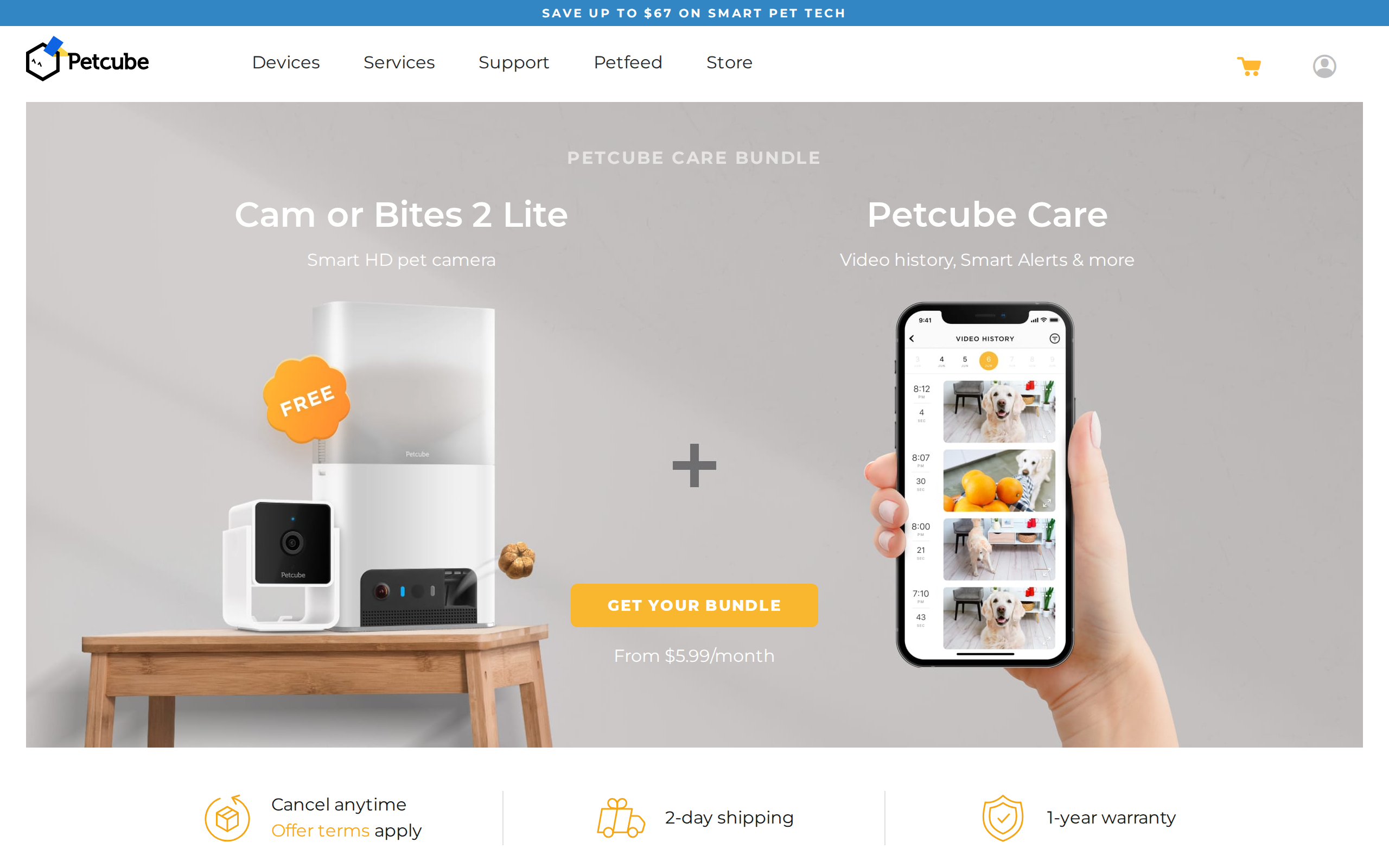 Petcube Care Bundle page listing a camera plus Petcube Care from $5.99 a month
