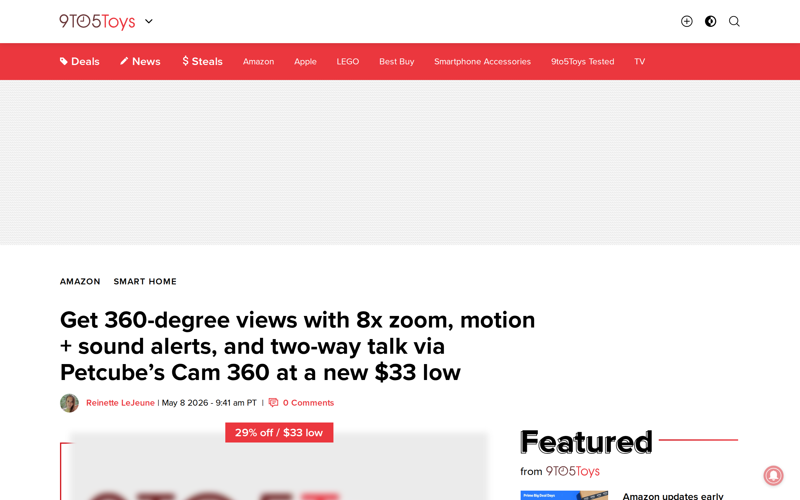 9to5Toys article reporting a $33 low price for the Petcube Cam 360, with 8x zoom, motion and sound alerts and two-way talk