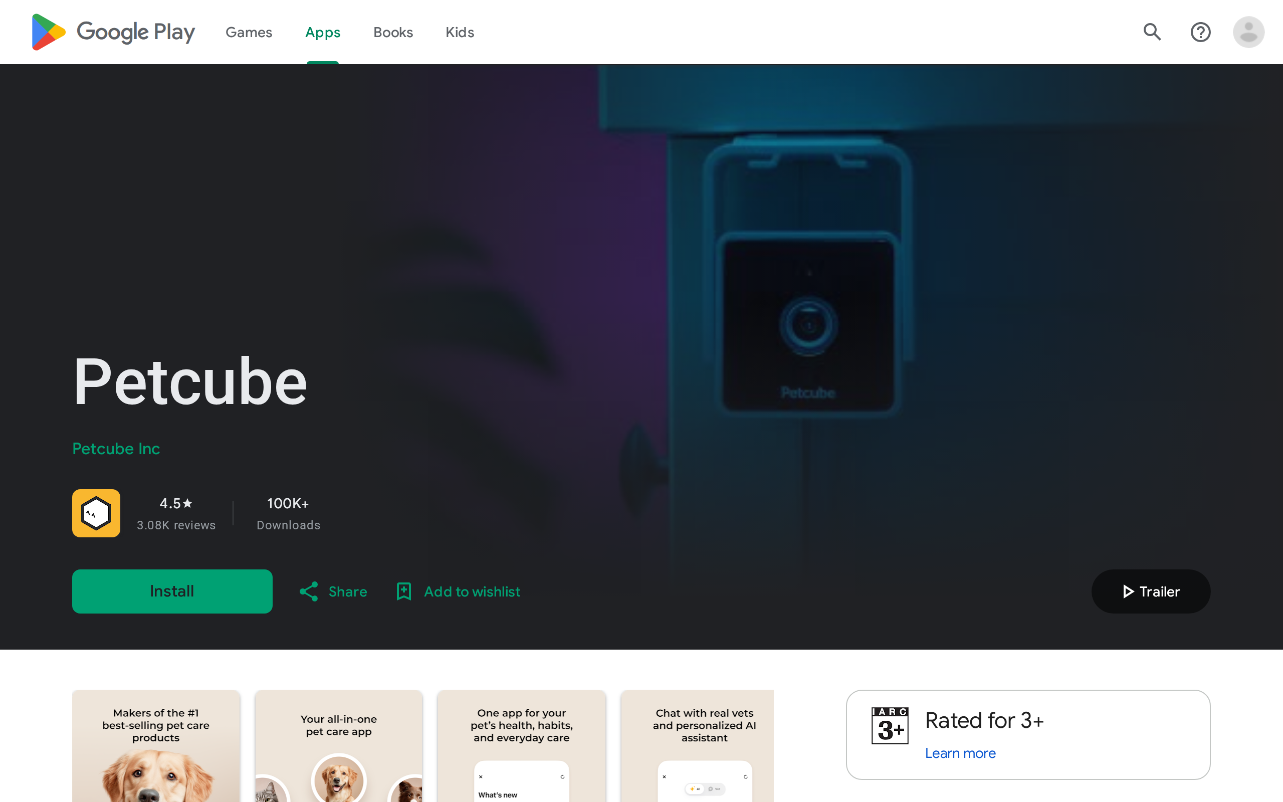 Petcube app listing on Google Play, with phone screenshots