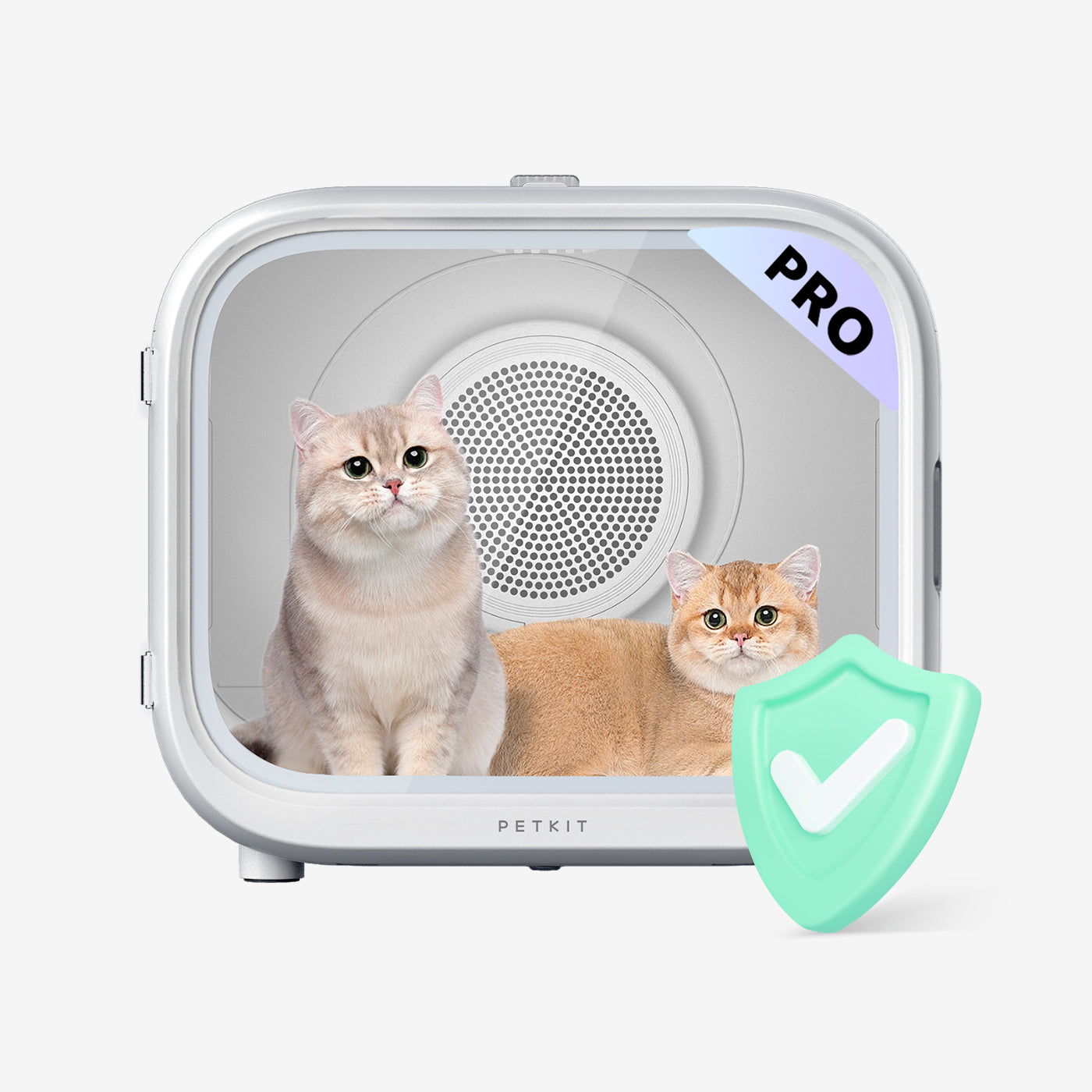 A pair of cats inside the white Petkit dryer box, with a Pro corner label and a green shield icon for safety