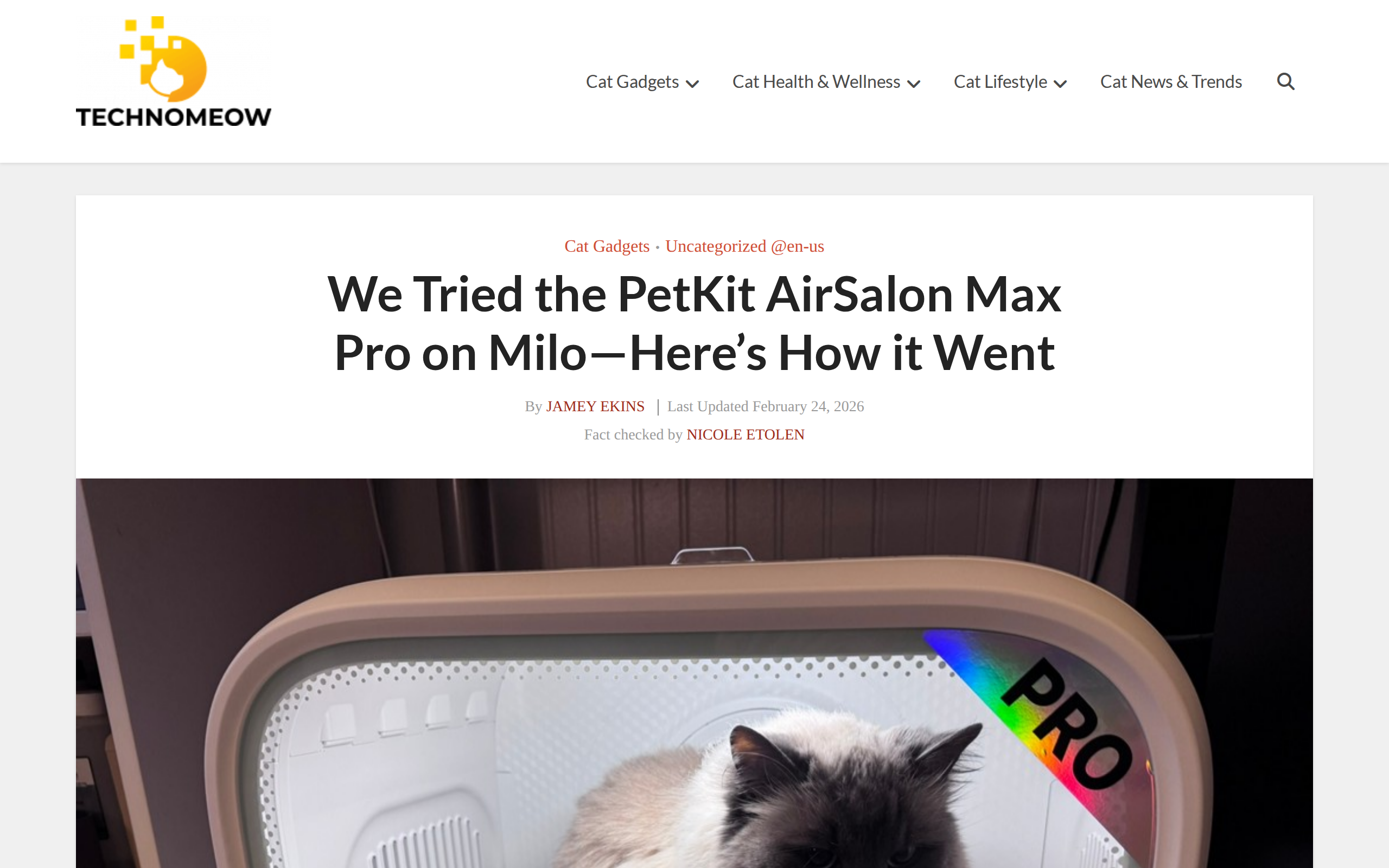 TechnoMEOW's review page for the Petkit AirSalon Max Pro, with the headline about trying it on Milo