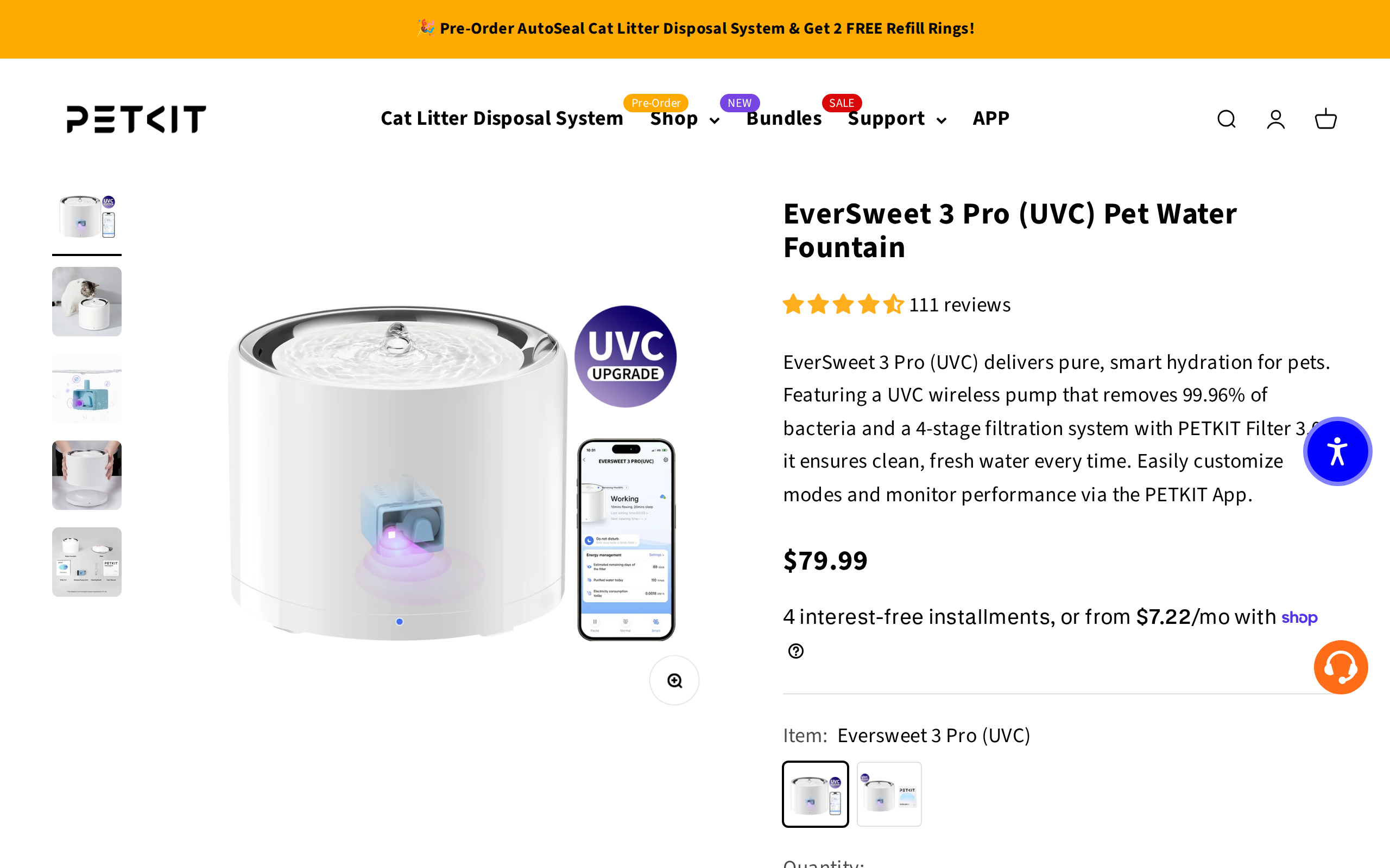 Petkit's EverSweet 3 Pro (UVC) page, headed "EverSweet 3 Pro (UVC) Pet Water Fountain"