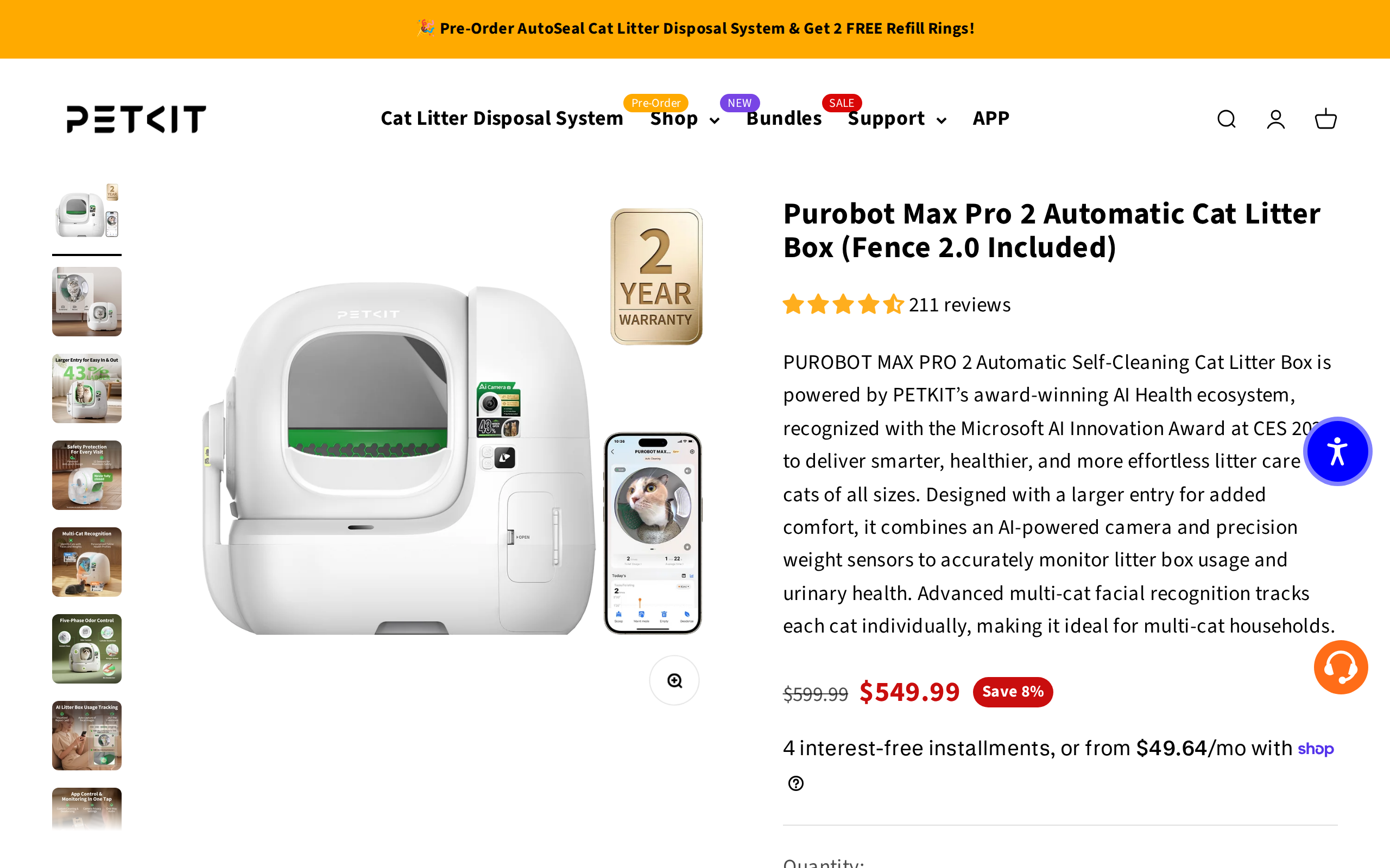 Petkit product page for the Purobot Max Pro 2 automatic cat litter box with Fence 2.0 included, showing the white unit and its AI camera