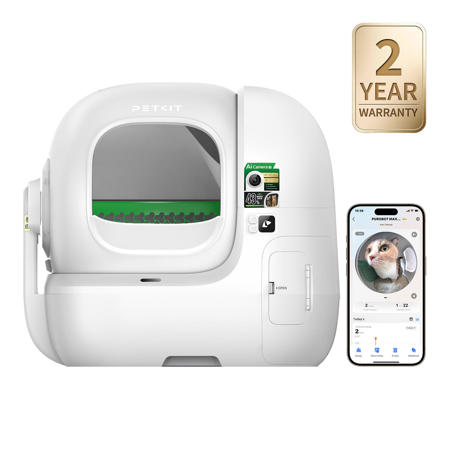 Petkit promotional render of the Purobot Max Pro 2 litter box with a 2-year warranty badge