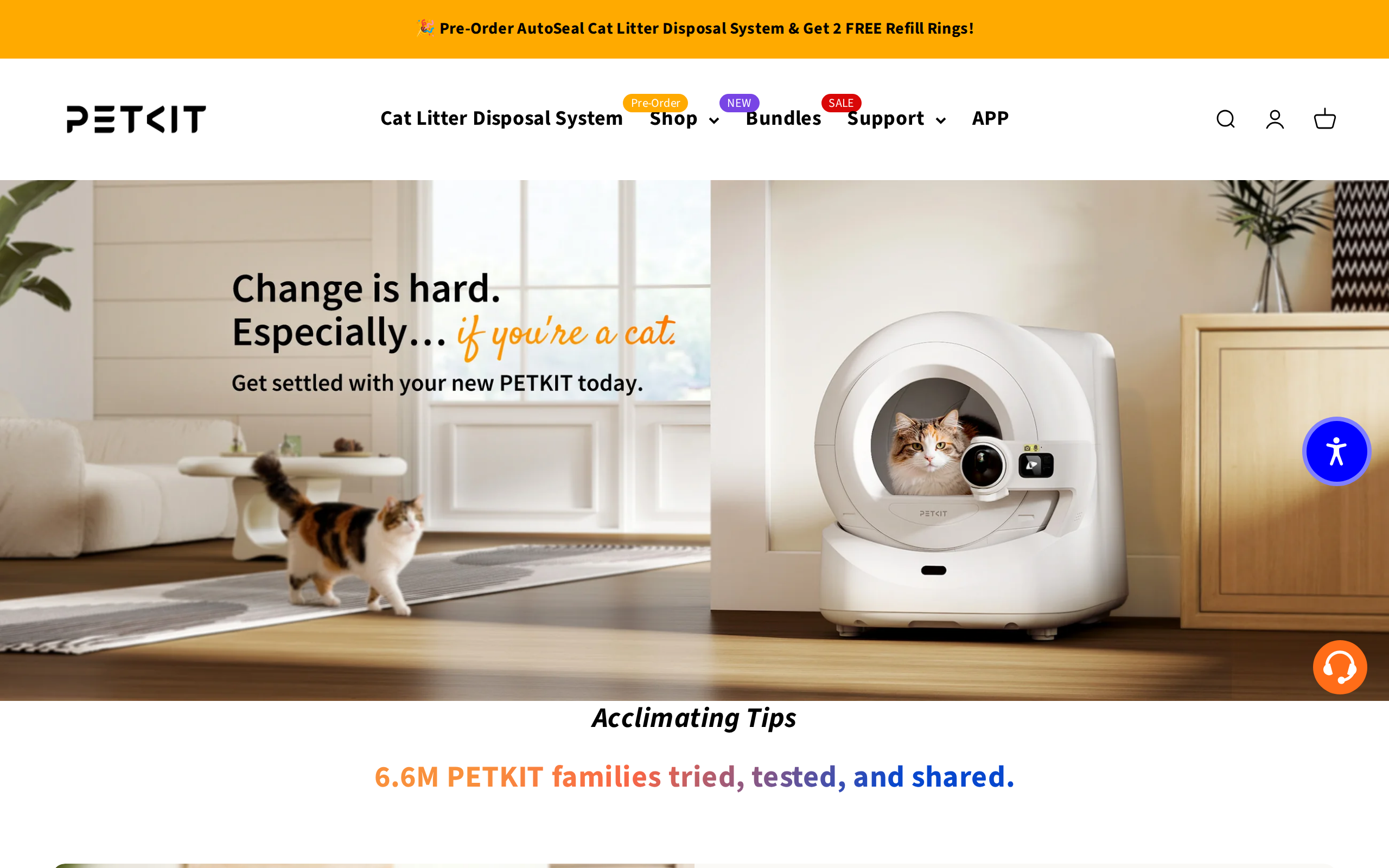Petkit's guide page to transition a cat to an automatic litter box, headed Acclimating Tips
