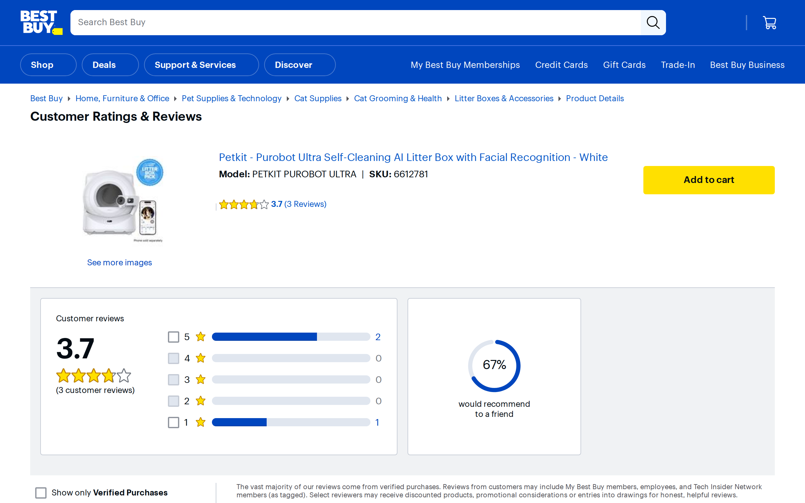 Best Buy customer ratings page for the Petkit Purobot Ultra, 3.7 out of 5 from 3 reviews