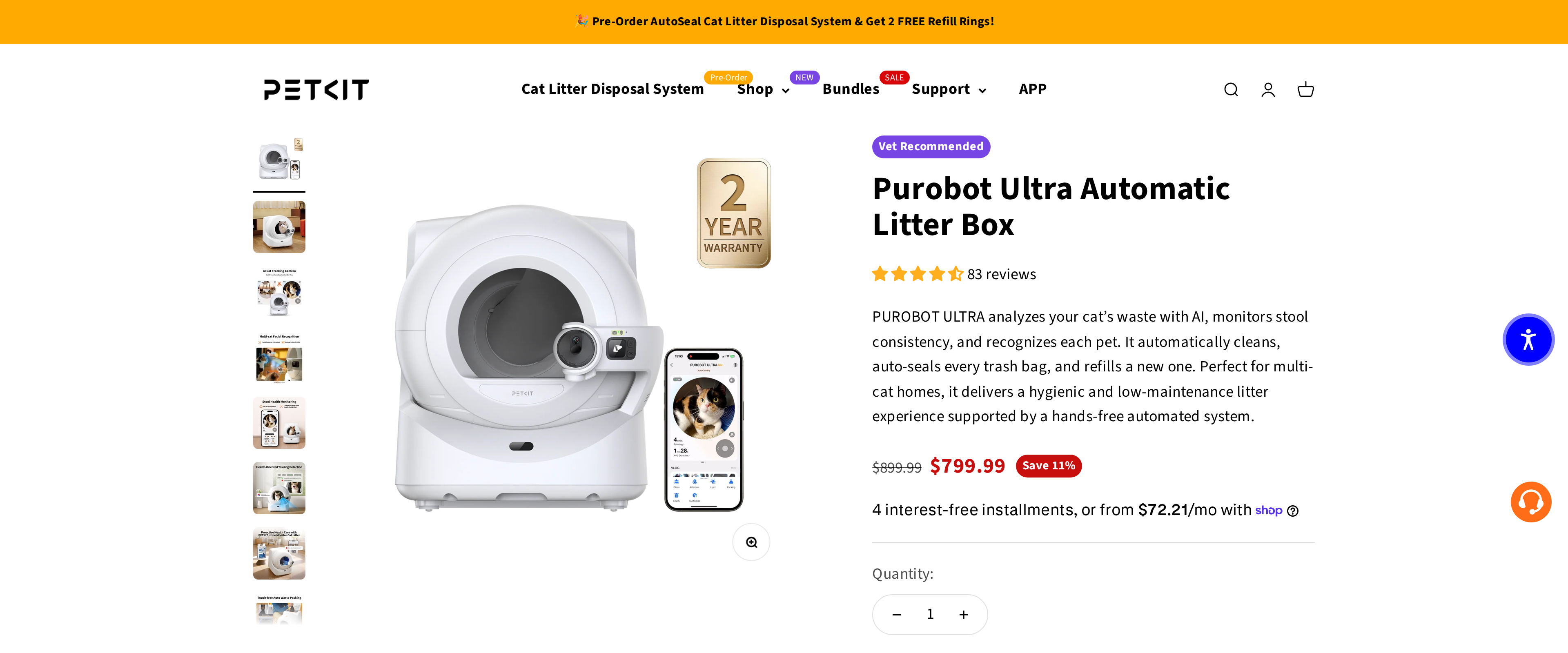Petkit product page for the Purobot Ultra automatic litter box with AI camera and auto waste packing