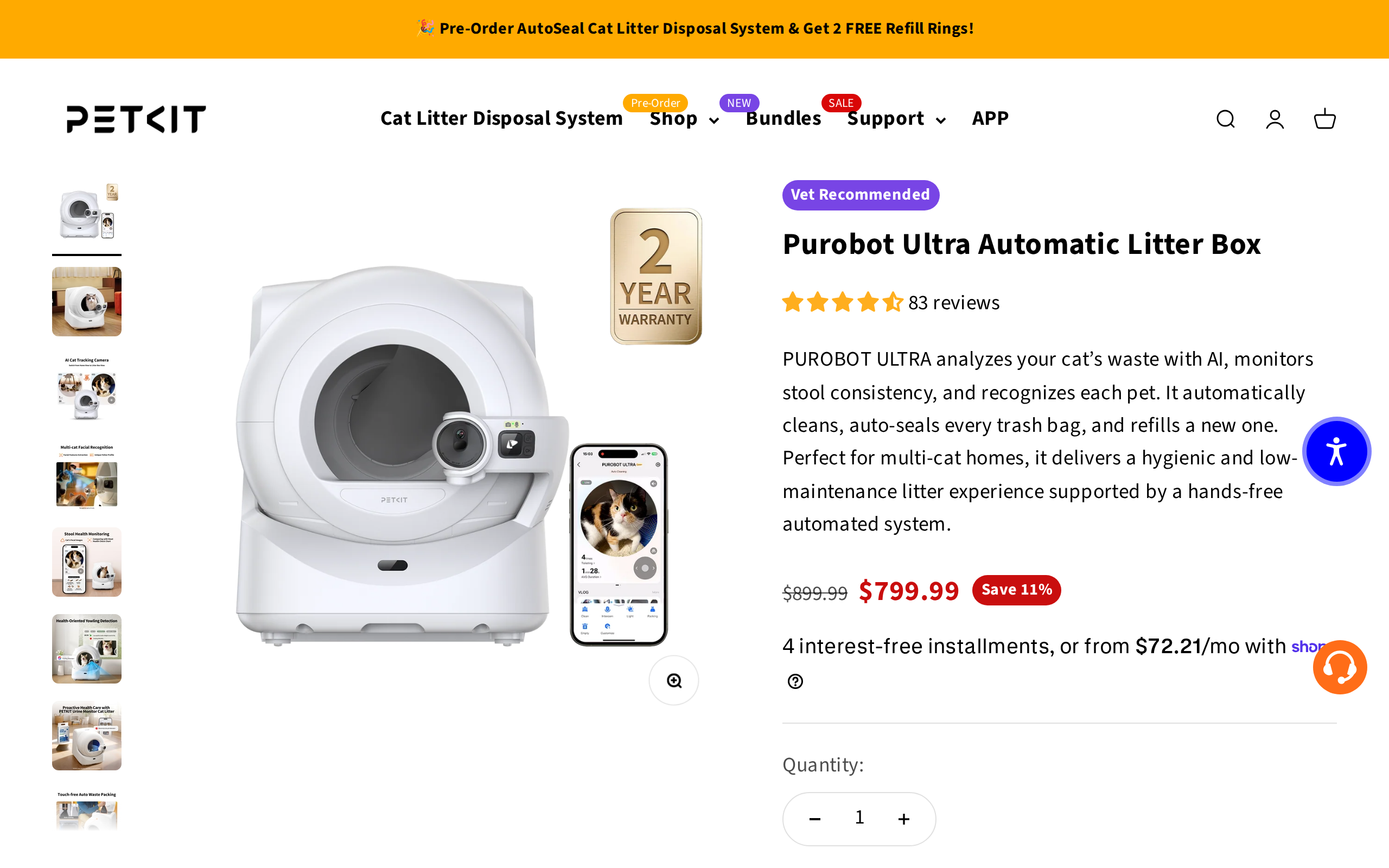 Petkit Purobot Ultra product page with the app interface and 2-year warranty badge