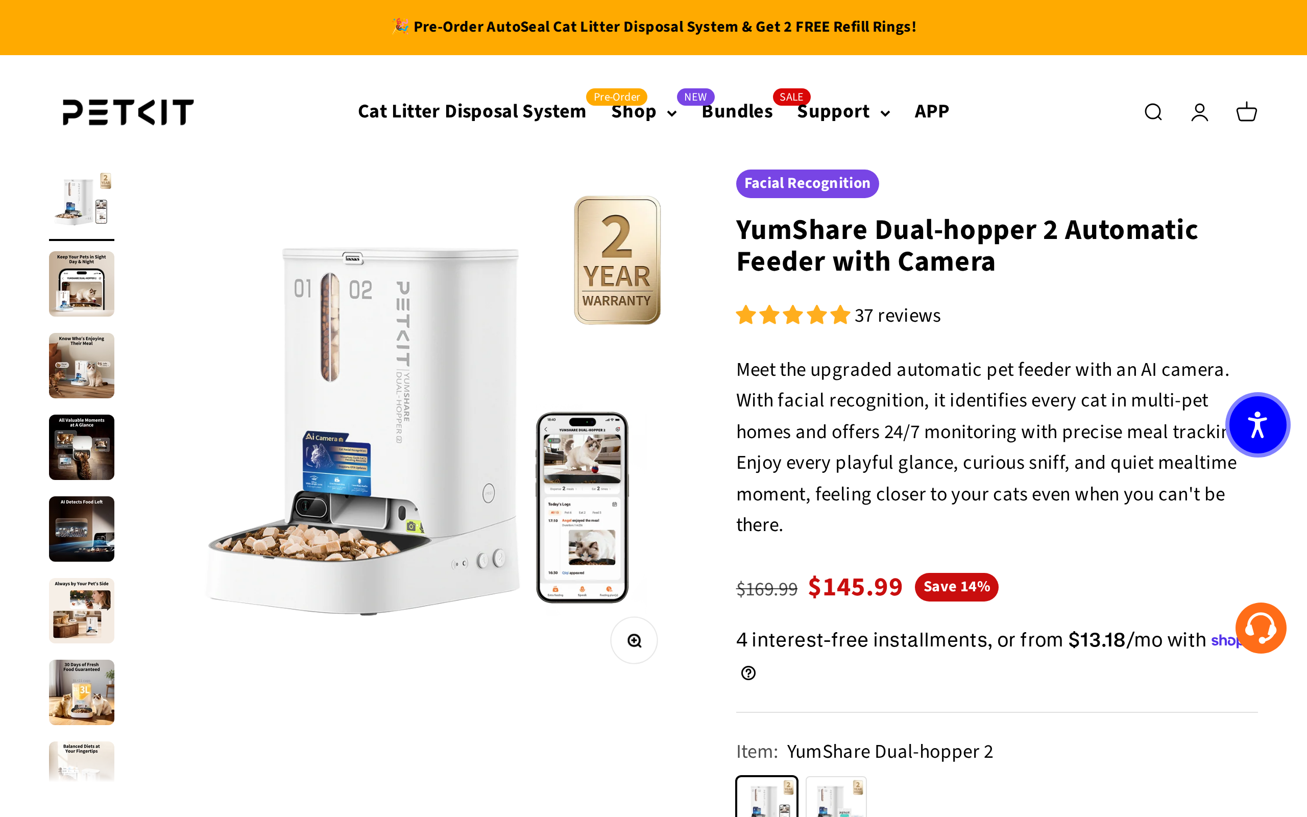 Petkit's YumShare Dual-hopper 2 product page with the feeder photos and the pre-order litter banner