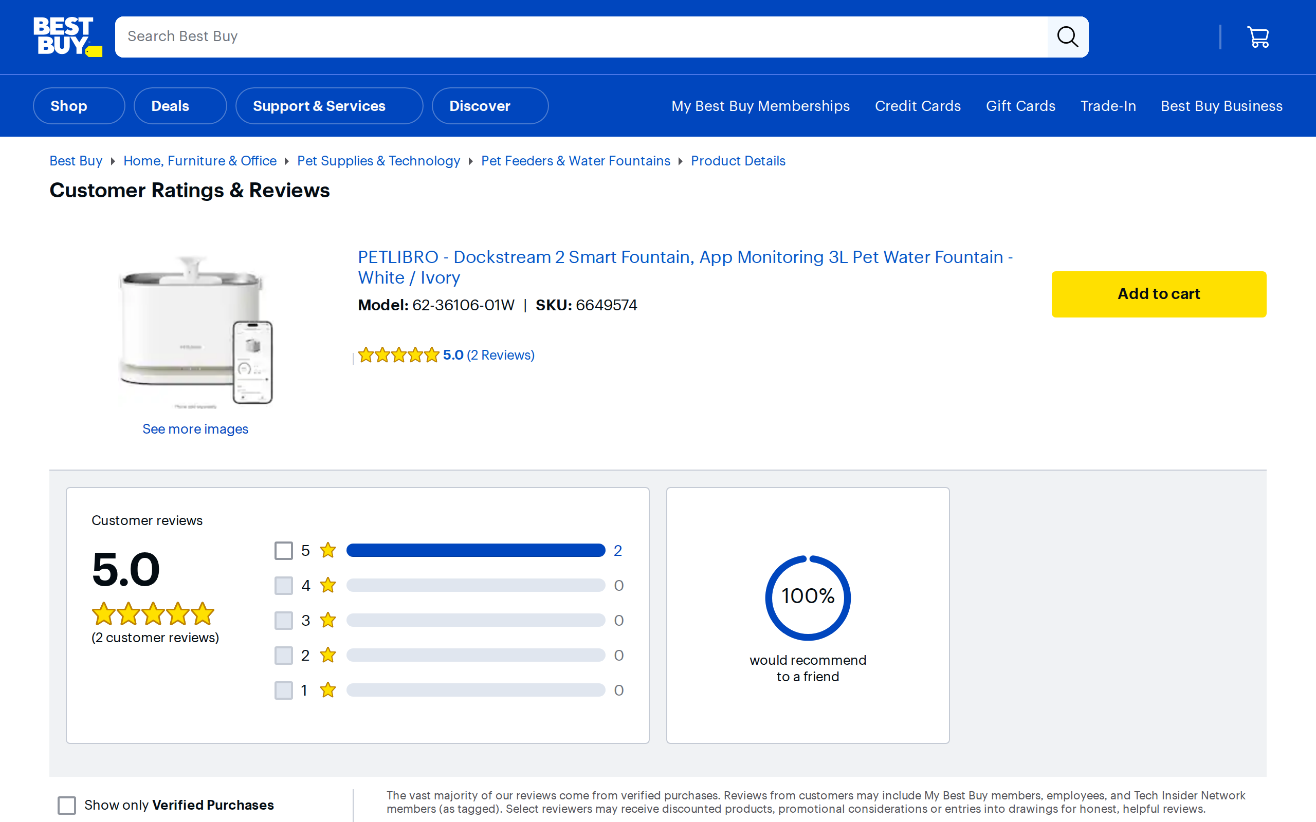 Best Buy customer ratings for the Petlibro Dockstream 2, 5 out of 5 stars from 2 reviews