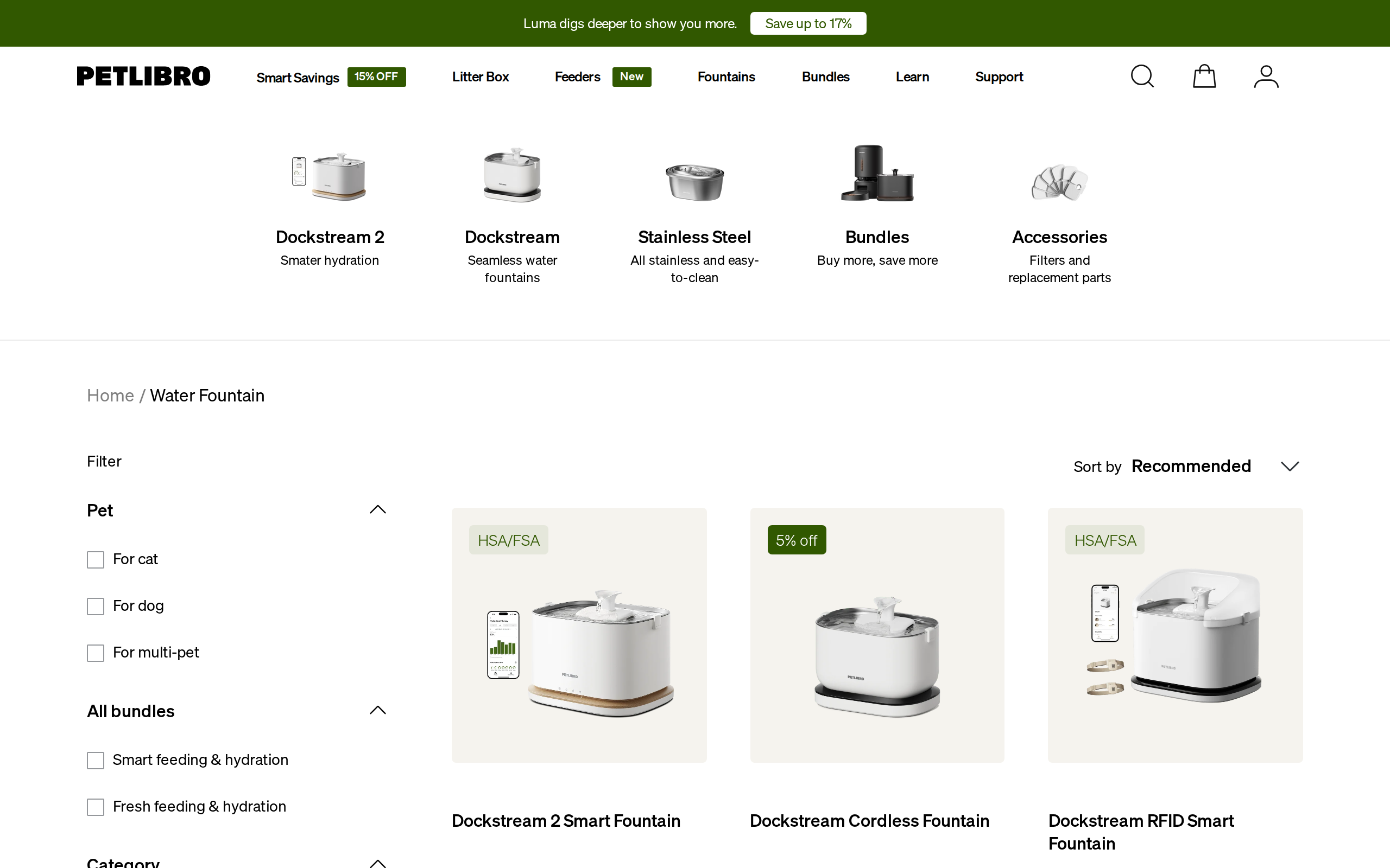 Petlibro collection page with the Dockstream Smart Water Fountain among other automatic fountains