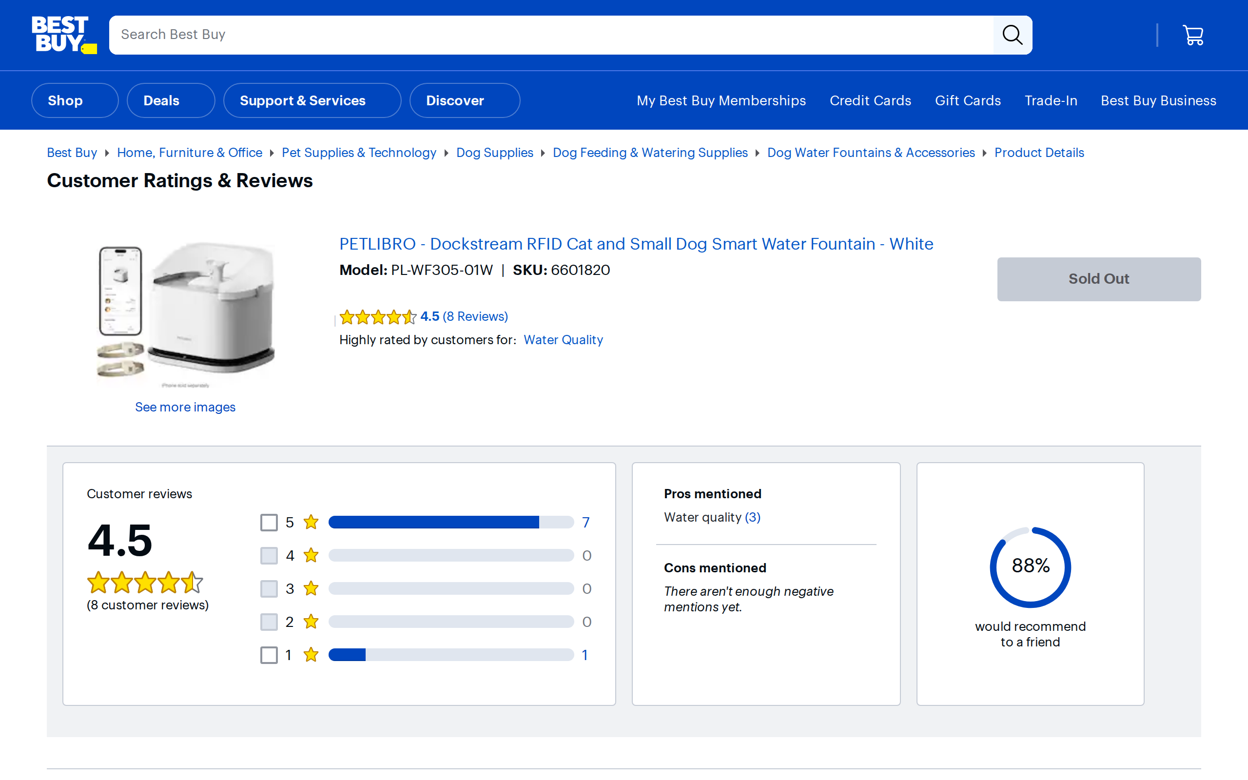 Best Buy customer reviews page for the PETLIBRO Dockstream RFID Cat and Small Dog Smart Water Fountain in white