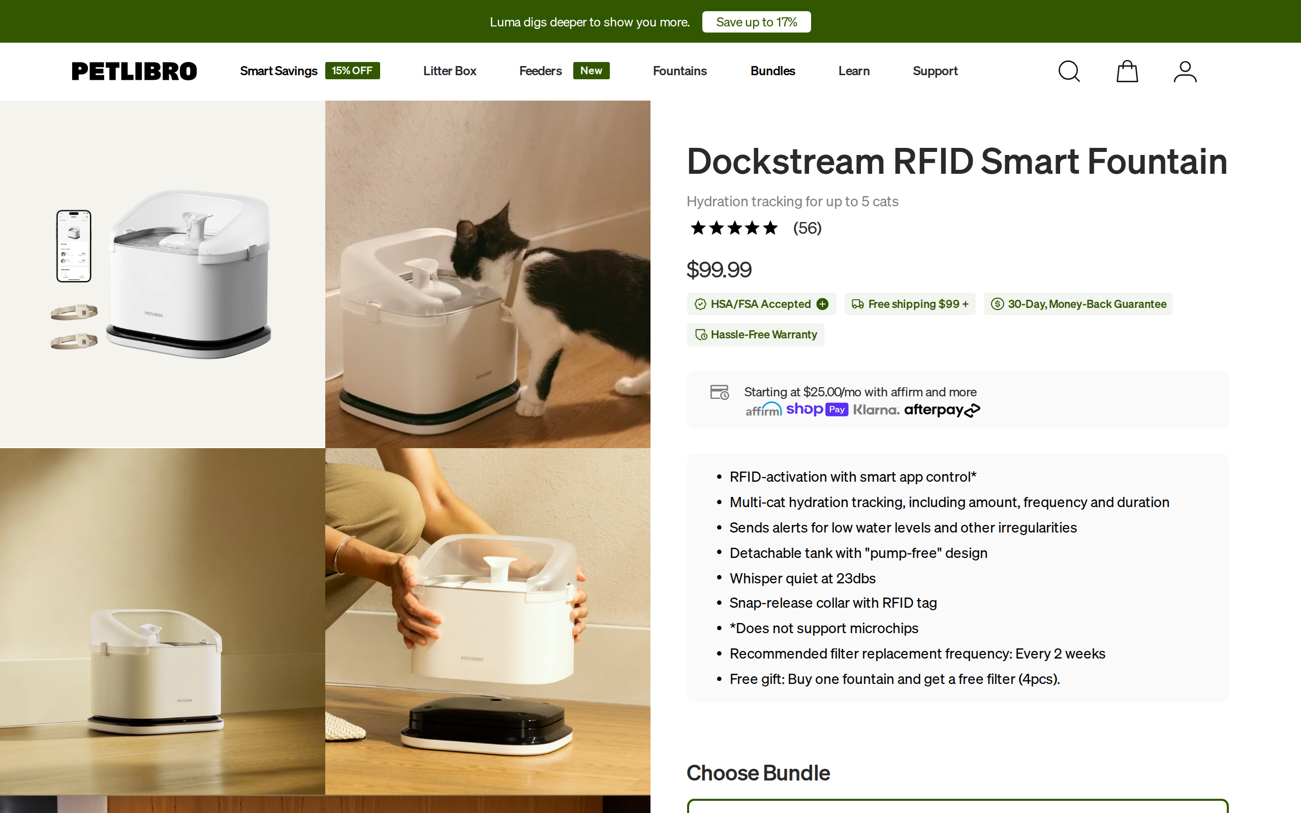 Petlibro product page for the Dockstream RFID Cat Water Fountain with a price of $99.99 and gallery images