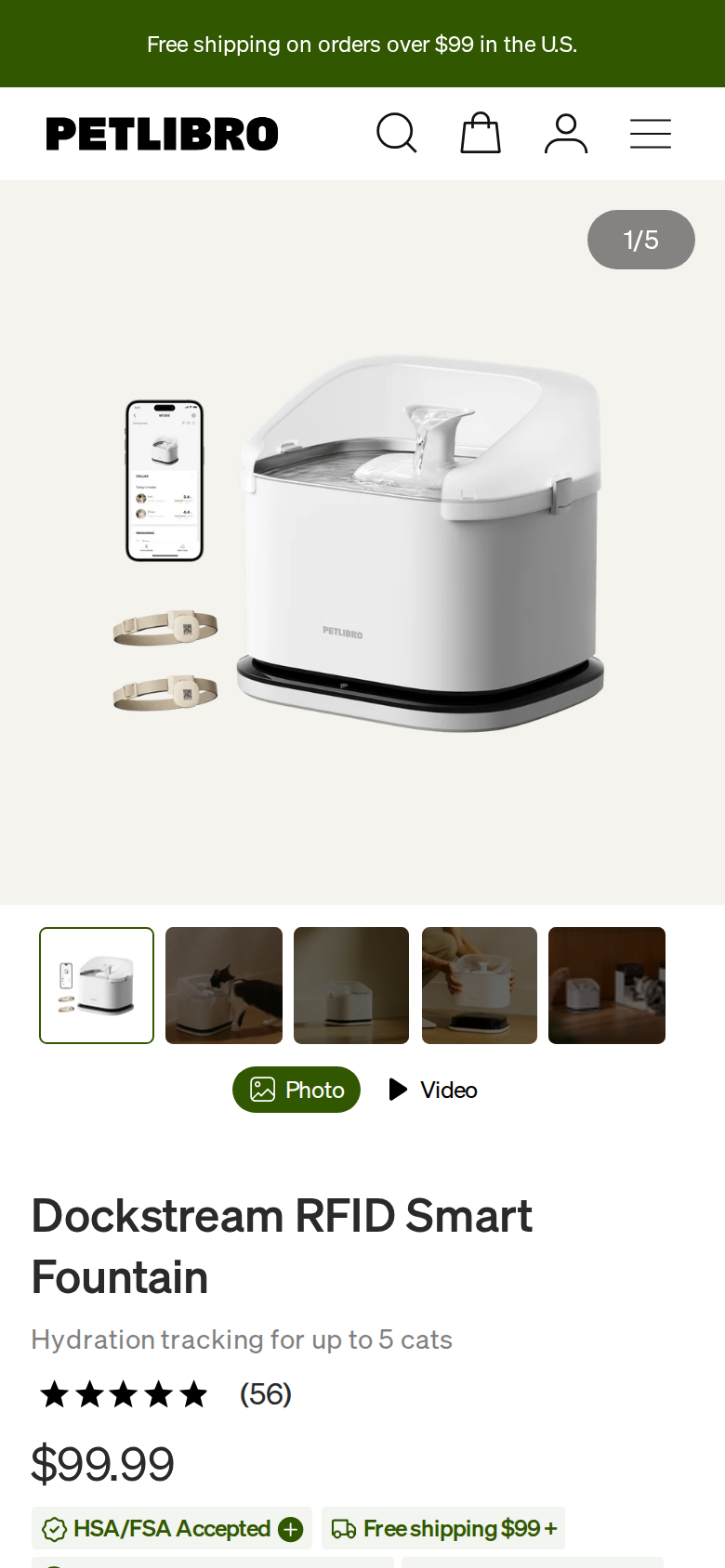 Petlibro Dockstream RFID Smart Fountain product page showing a price of $99.99 beside a $25.00 a month instalment figure