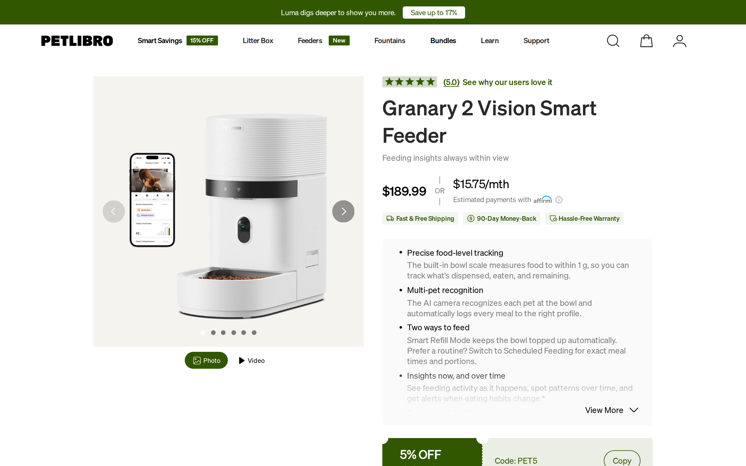 Petlibro Granary 2 Vision smart feeder product page with the white feeder photos and the $189.99 price