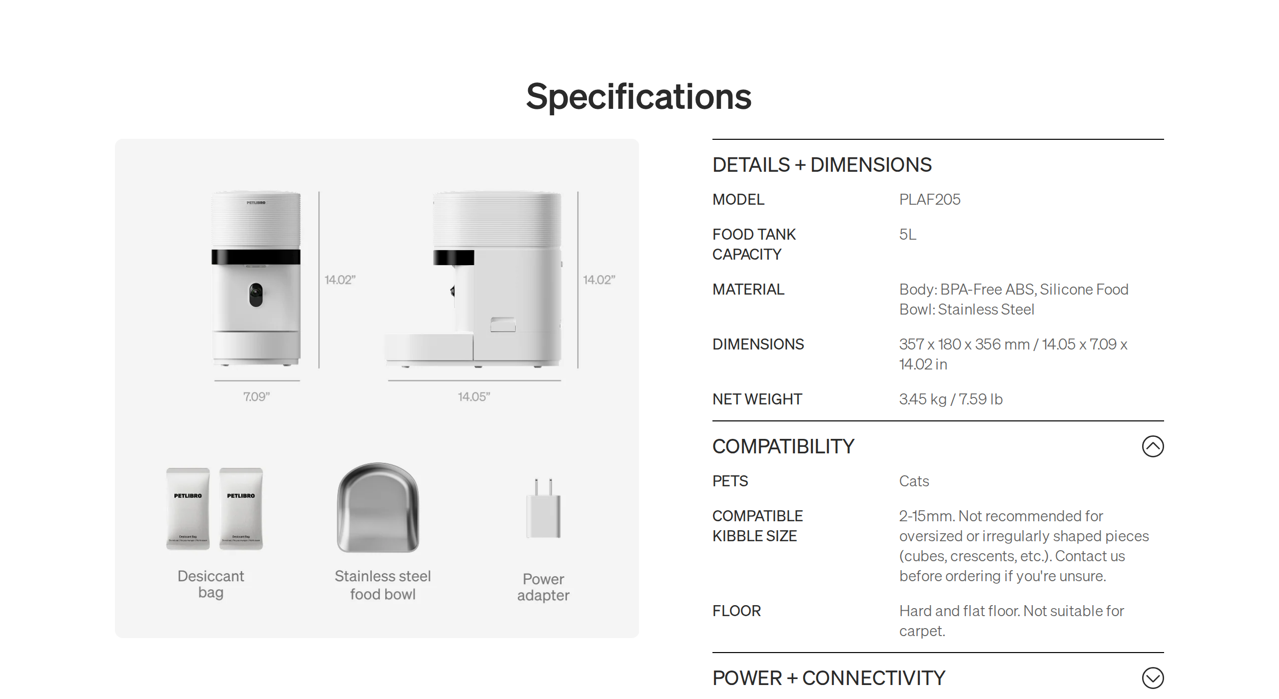 Specifications panel for the Granary 2 Vision with dimensions, material and compatibility
