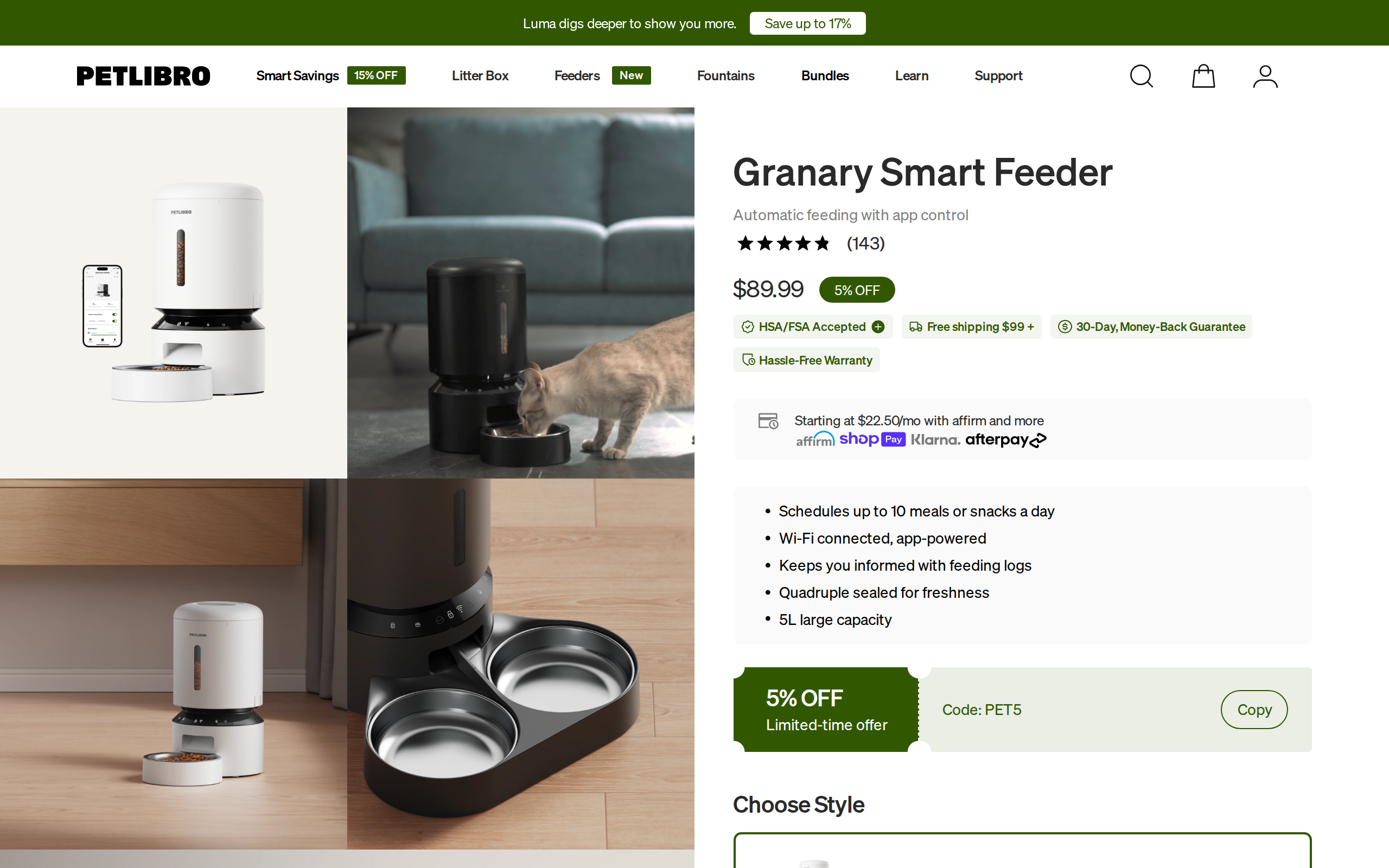 Petlibro Granary Smart Feeder product page showing white and black feeders, a cat eating and the $89.99 price