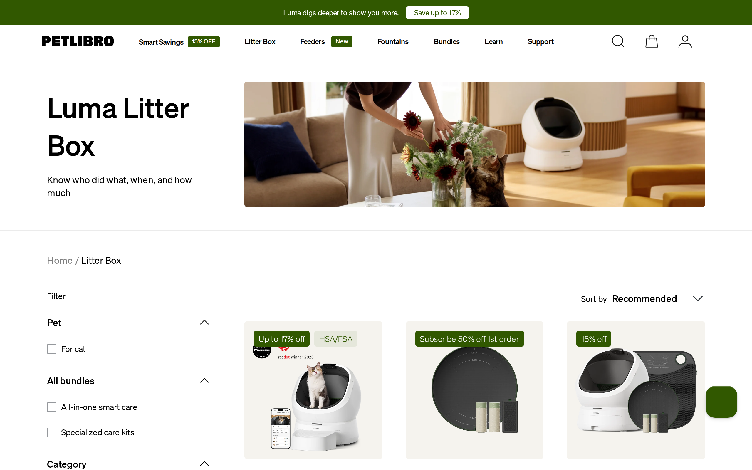 Petlibro's litter box collection page with the Luma and other products