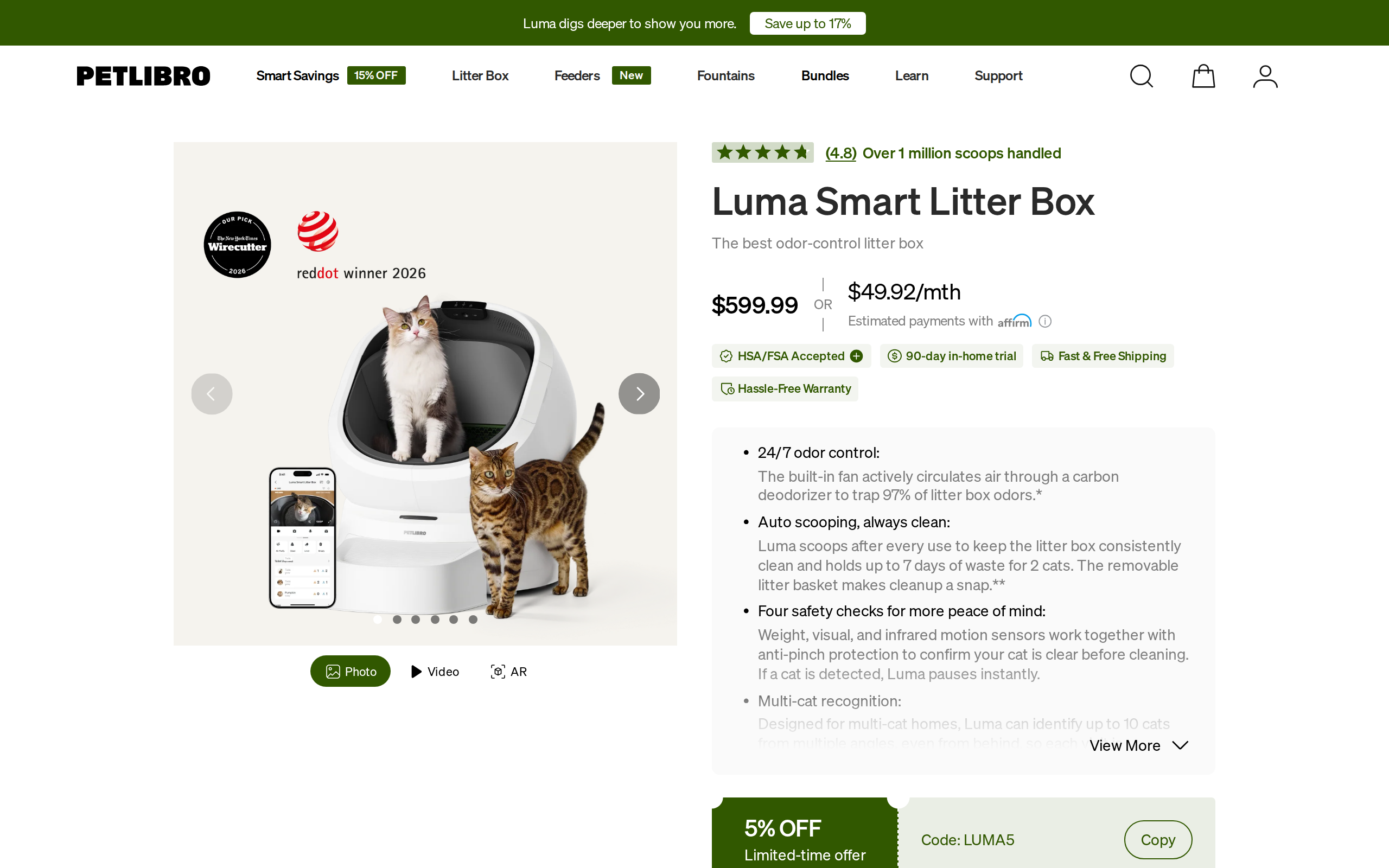 Petlibro product page for the Luma Smart Litter Box showing the white open-top litter box at 599.99 dollars